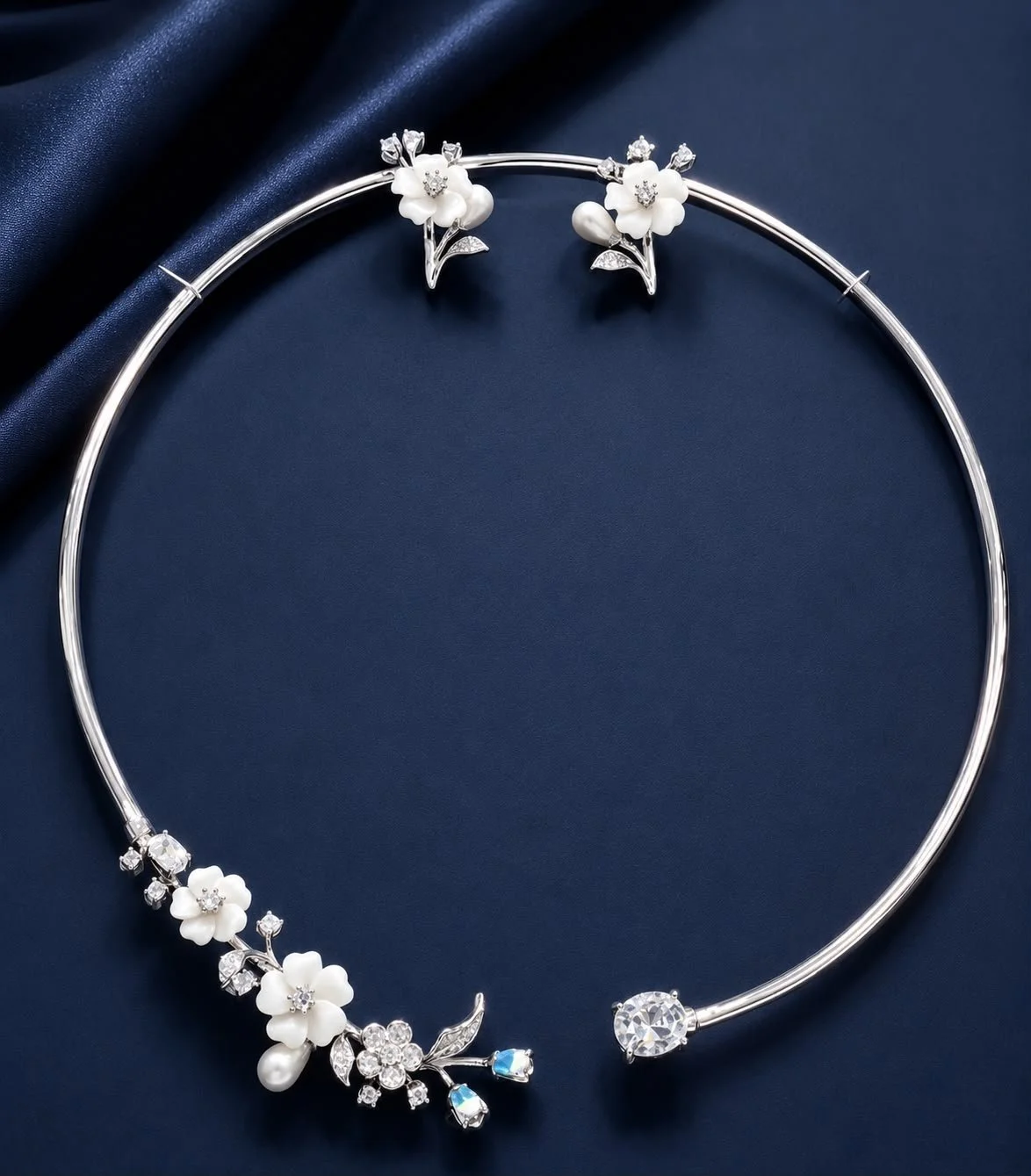 Sterling Silver Mother-of-Pearl Flower Choker & Earring Set (Open Collar)