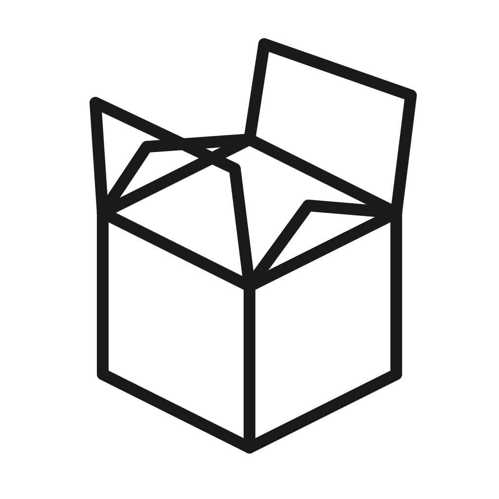 Line drawing of an open cardboard box with a lid flipped back, shown at an angled perspective.