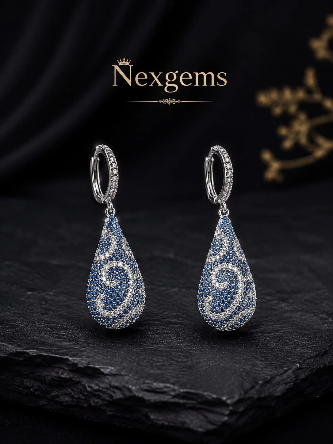 Sterling Silver Blue Pavé Teardrop Huggie Earrings
