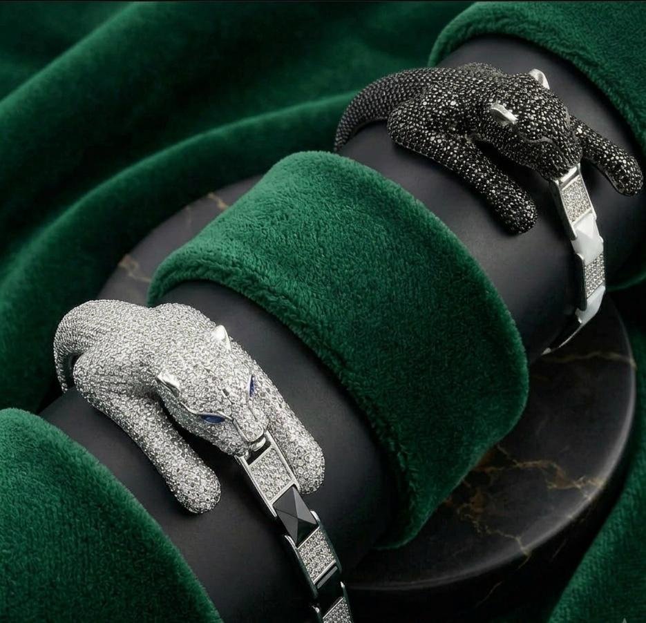 Sterling Silver Panther Head Cuff Bracelet (Pavé, White & Black Variants)
