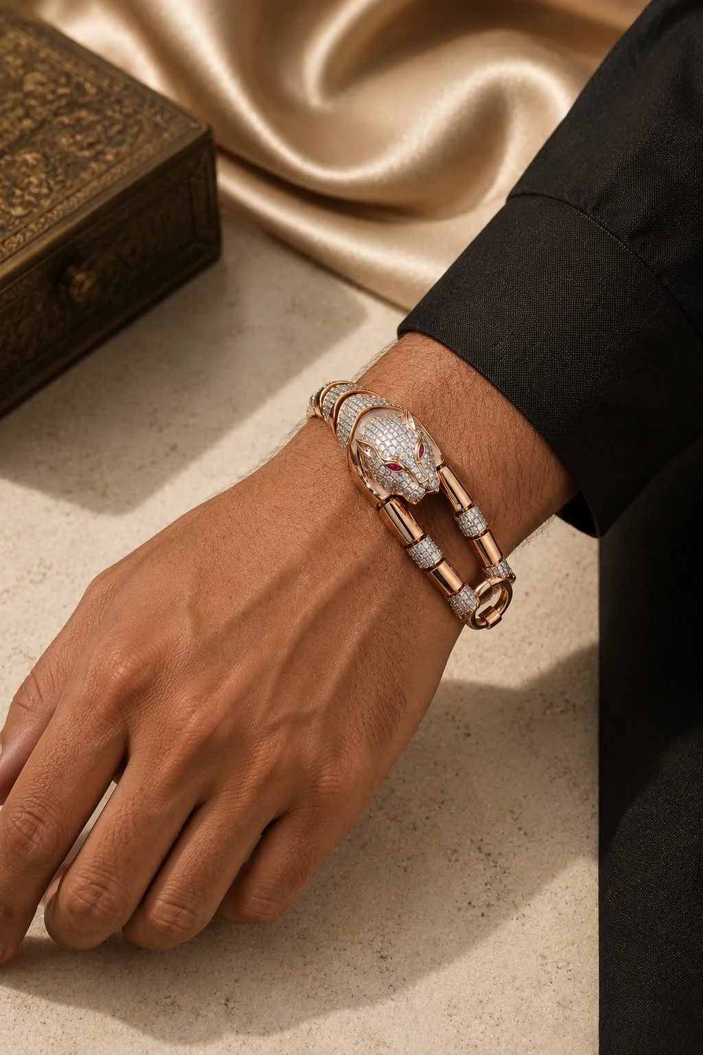Rose-tone Sterling Silver Men's Panther Head Bracelet