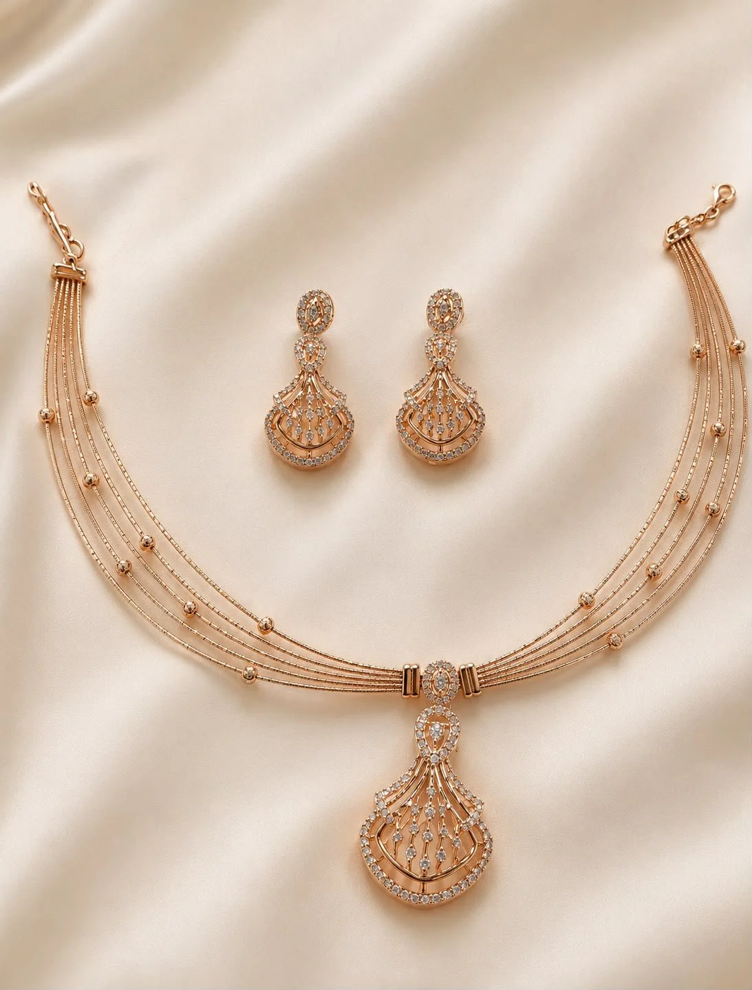 Gold Fan/Drop Necklace & Earring Set (Multi-Strand, Rose Gold)