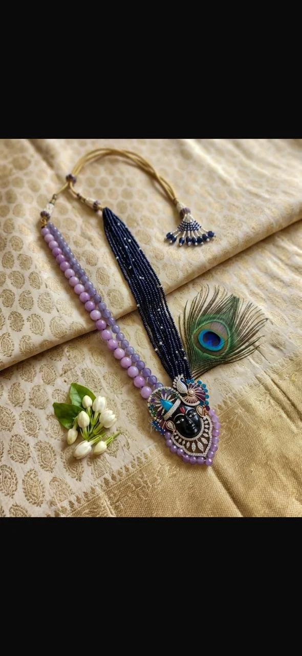 Shrinathji Pendant with Purple and Navy Bead Strands
