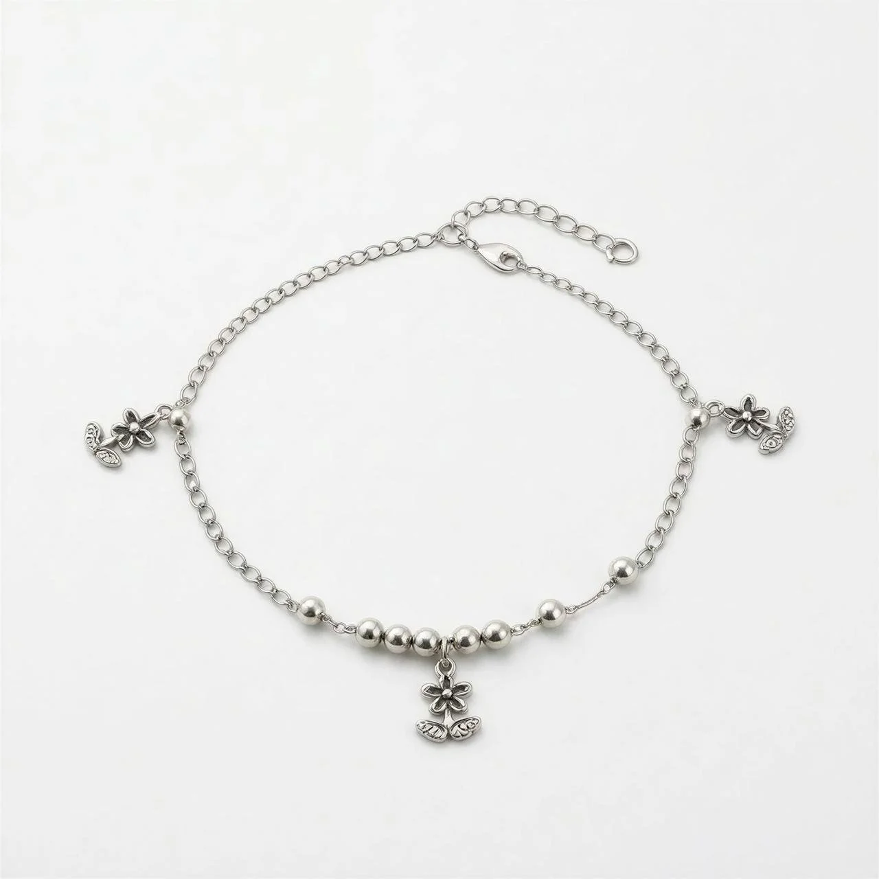 Sterling Silver flower-charm beaded anklet