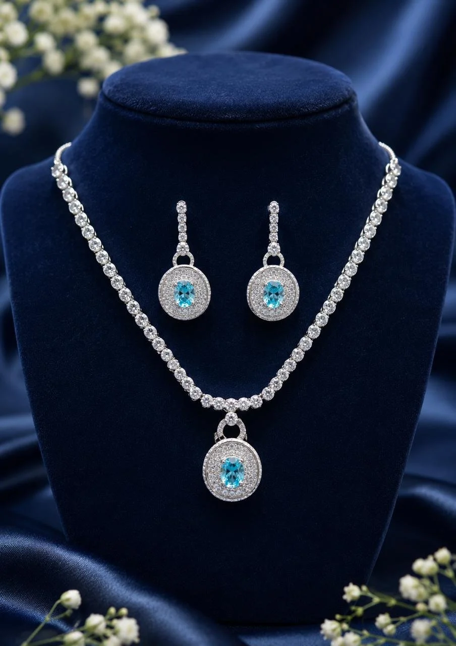Sterling Silver Blue Topaz Halo Necklace & Earring Set