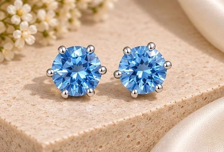 Blue Round Solitaire Studs