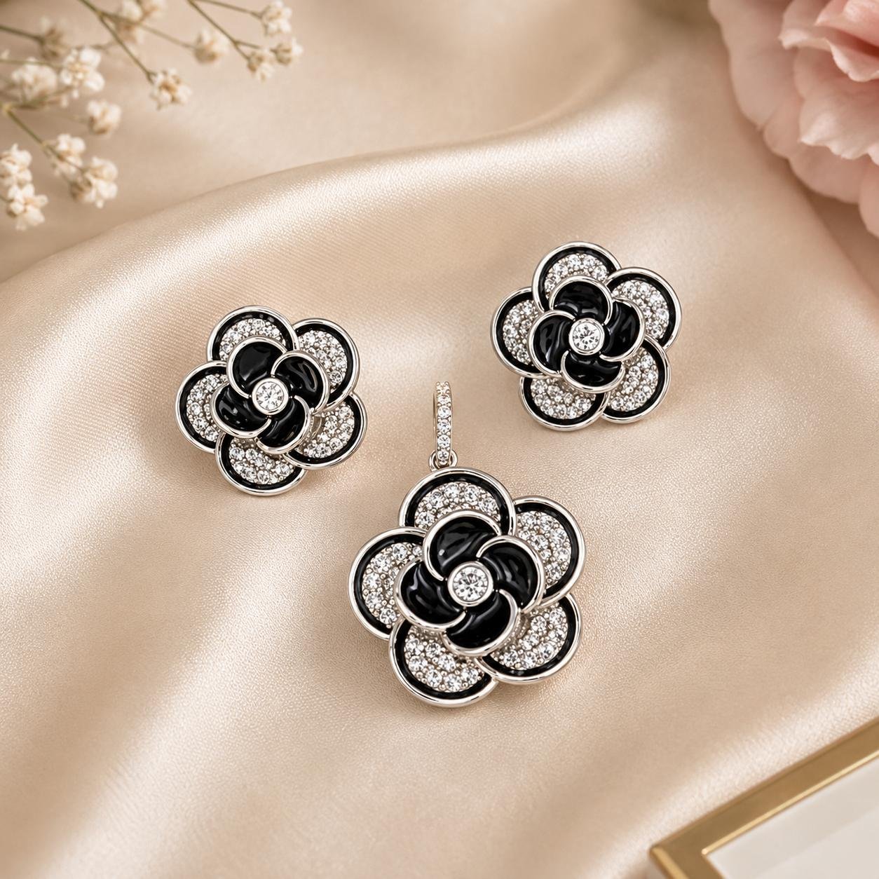 Sterling Silver Black Rose Jewellery Set