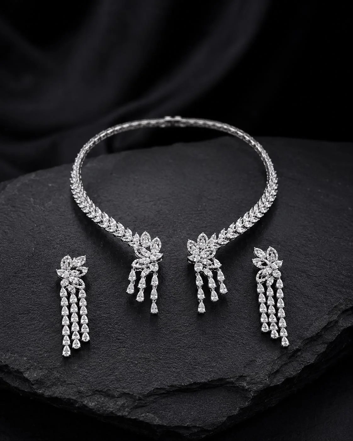 Sterling Silver Floral Cascade Necklace Set