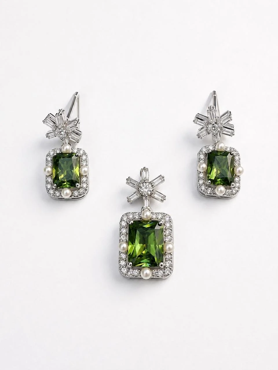 Green peridot rectangular halo pendant + earrings set