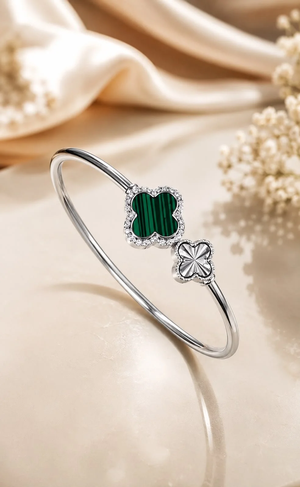Sterling Silver Malachite Clover Bangle (Green, Halo Accent)