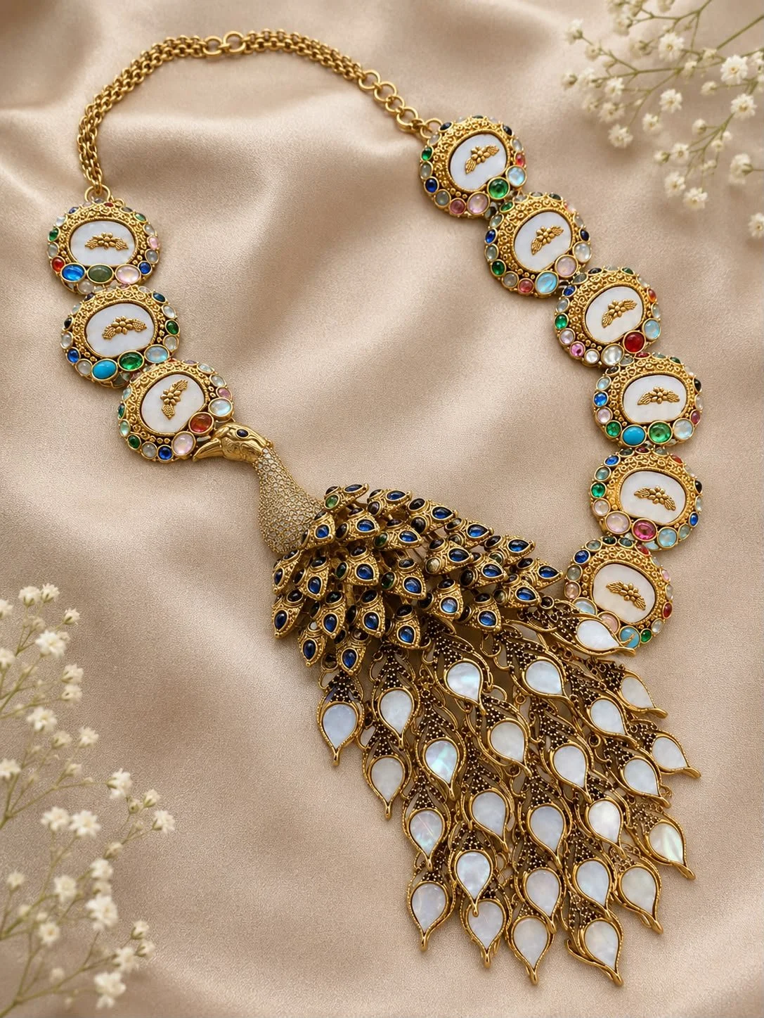 Gold Plated Sterling Silver Peacock Statement Necklace (Multi-Stone, Mother-of-Pearl Tail)