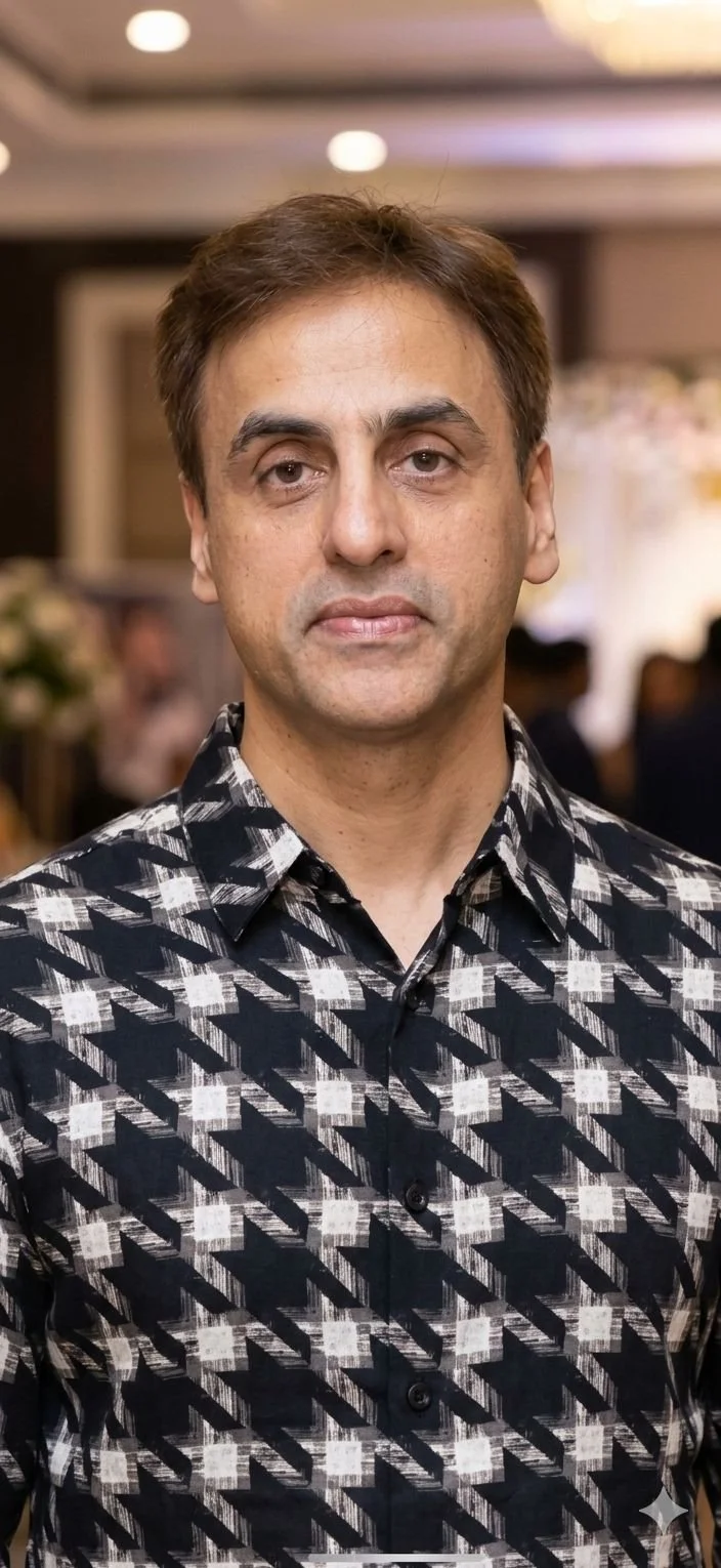 Man with brown hair wearing a black and white houndstooth patterned button-up shirt, standing indoors at a social event.