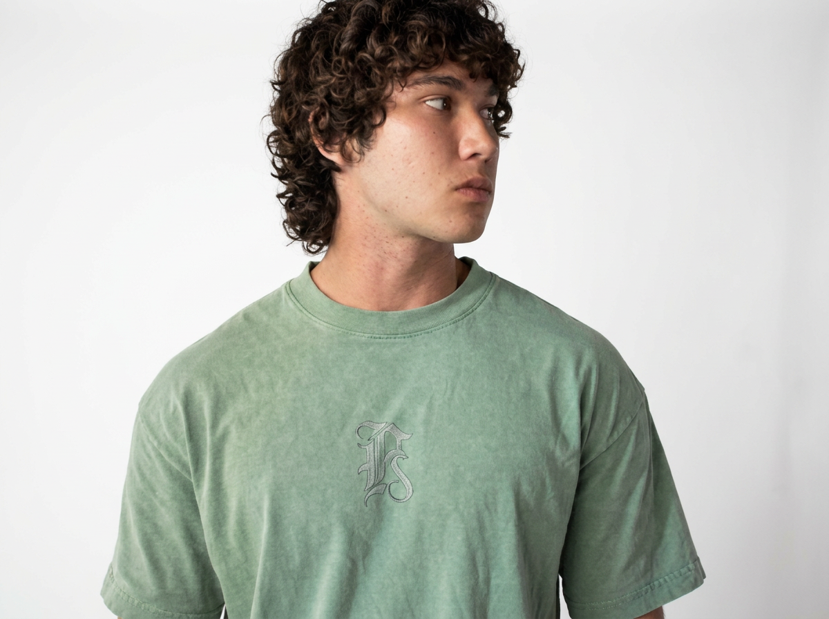 Young man with curly hair wearing a light green T-shirt with a gray embroidered logo on the chest, looking to the right, standing against a plain white background.