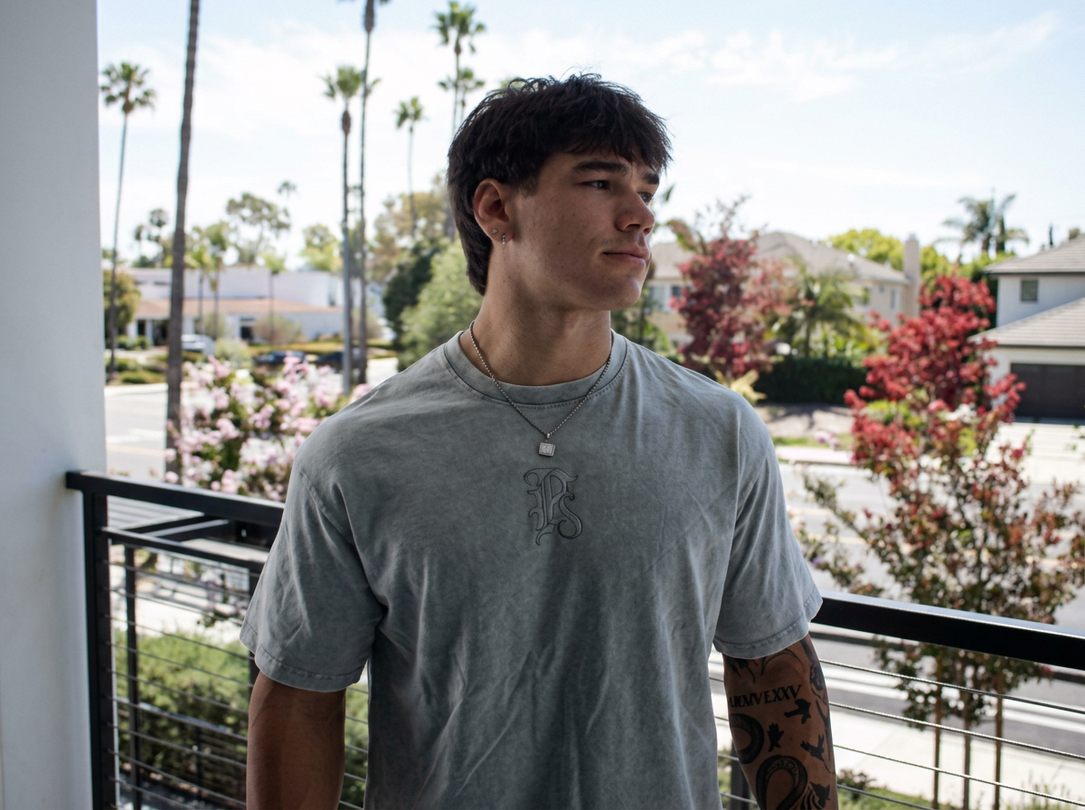 A young man with dark hair and tattoos on his arm standing on a balcony, looking to the side with a neutral expression, with trees and houses in the background on a sunny day.