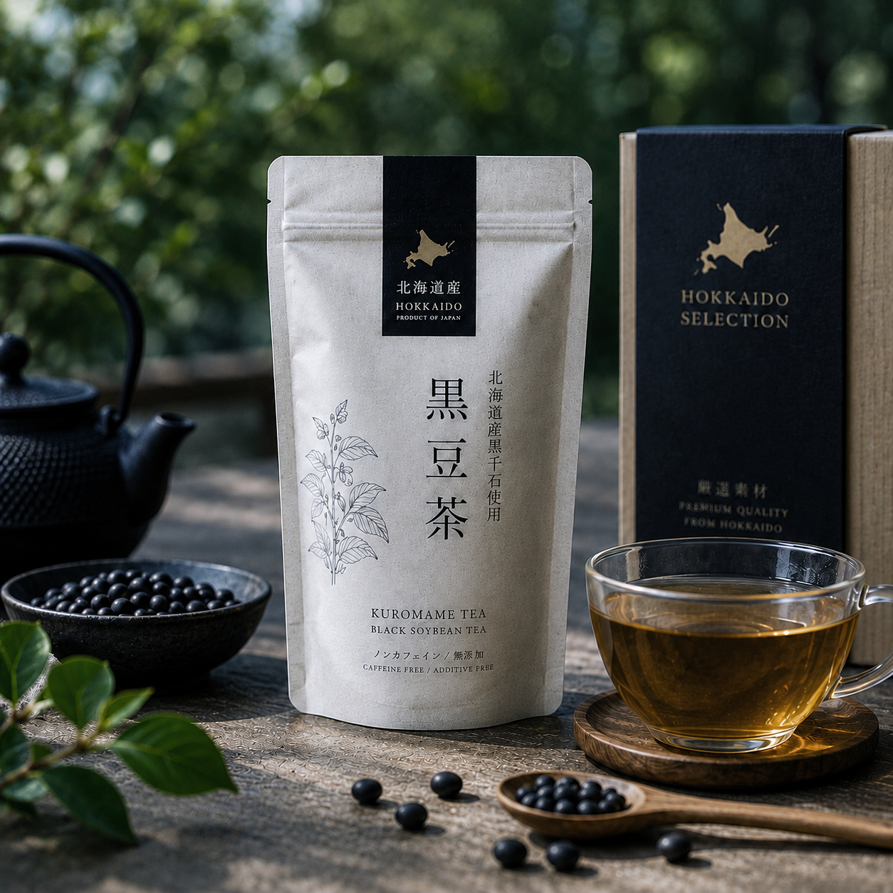 HOKU Selectの黒豆茶商品と茶器を並べた商品イメージ。