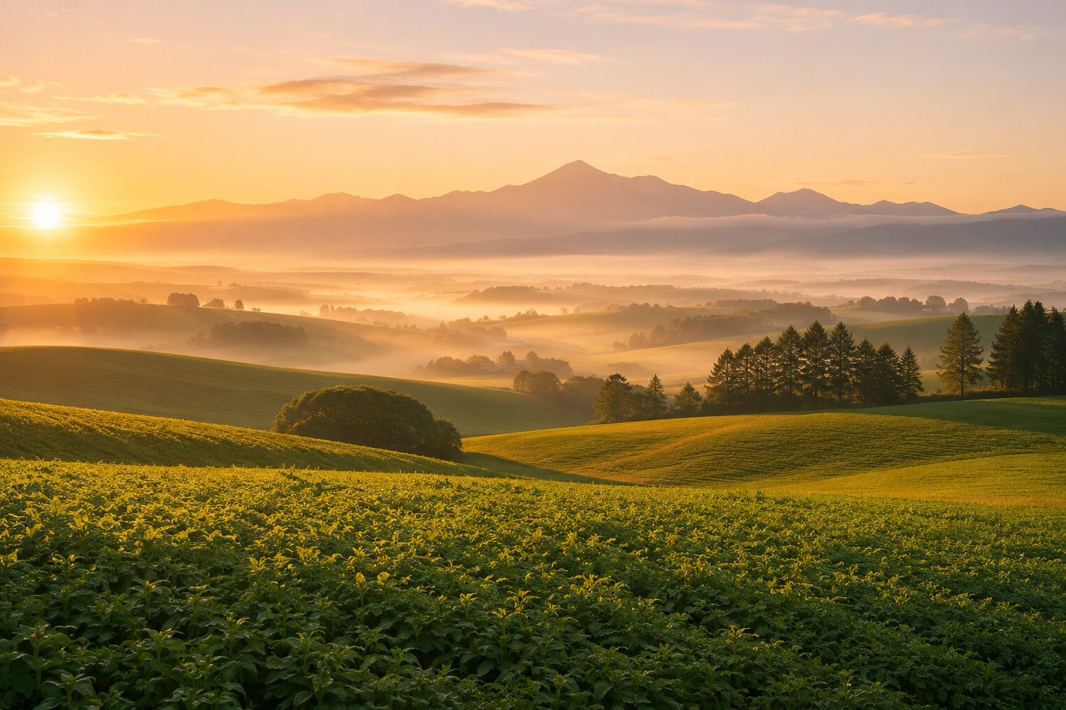 朝焼けの草原と遠くの山々、霧に包まれた風景