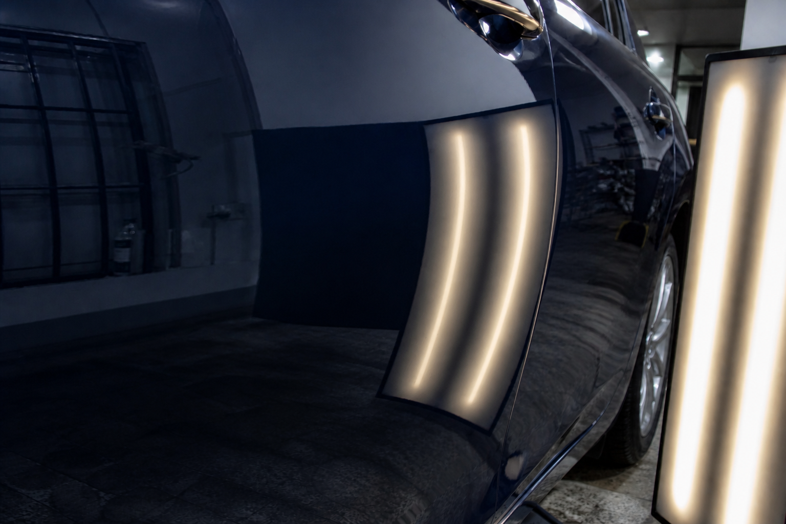 Close-up of a black luxury car with its highly reflective surface showing interior and external surroundings.