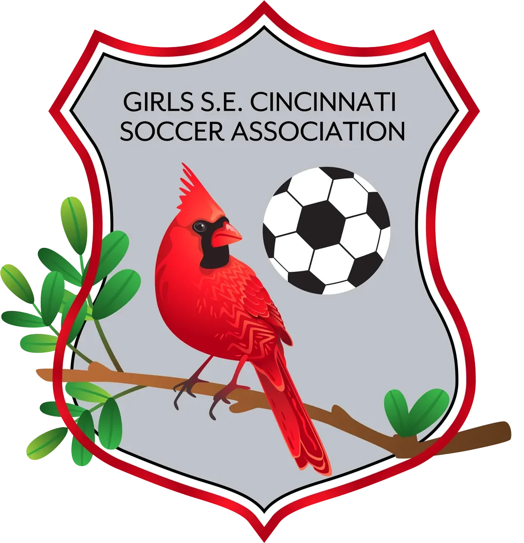 Girls Southeast Soccer Logo - A shield featuring a red cardinal on a branch and a soccer ball. "Girls S.E. Cincinnati Soccer Association"