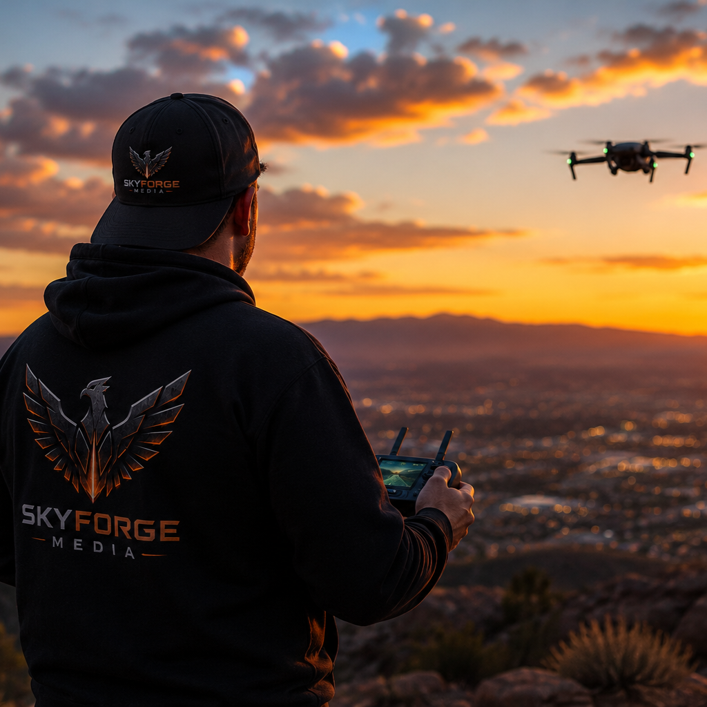 A person wearing a black hoodie and cap with 'SkyForge Media' logo is flying a drone during sunset, overlooking a cityscape from a hilltop.