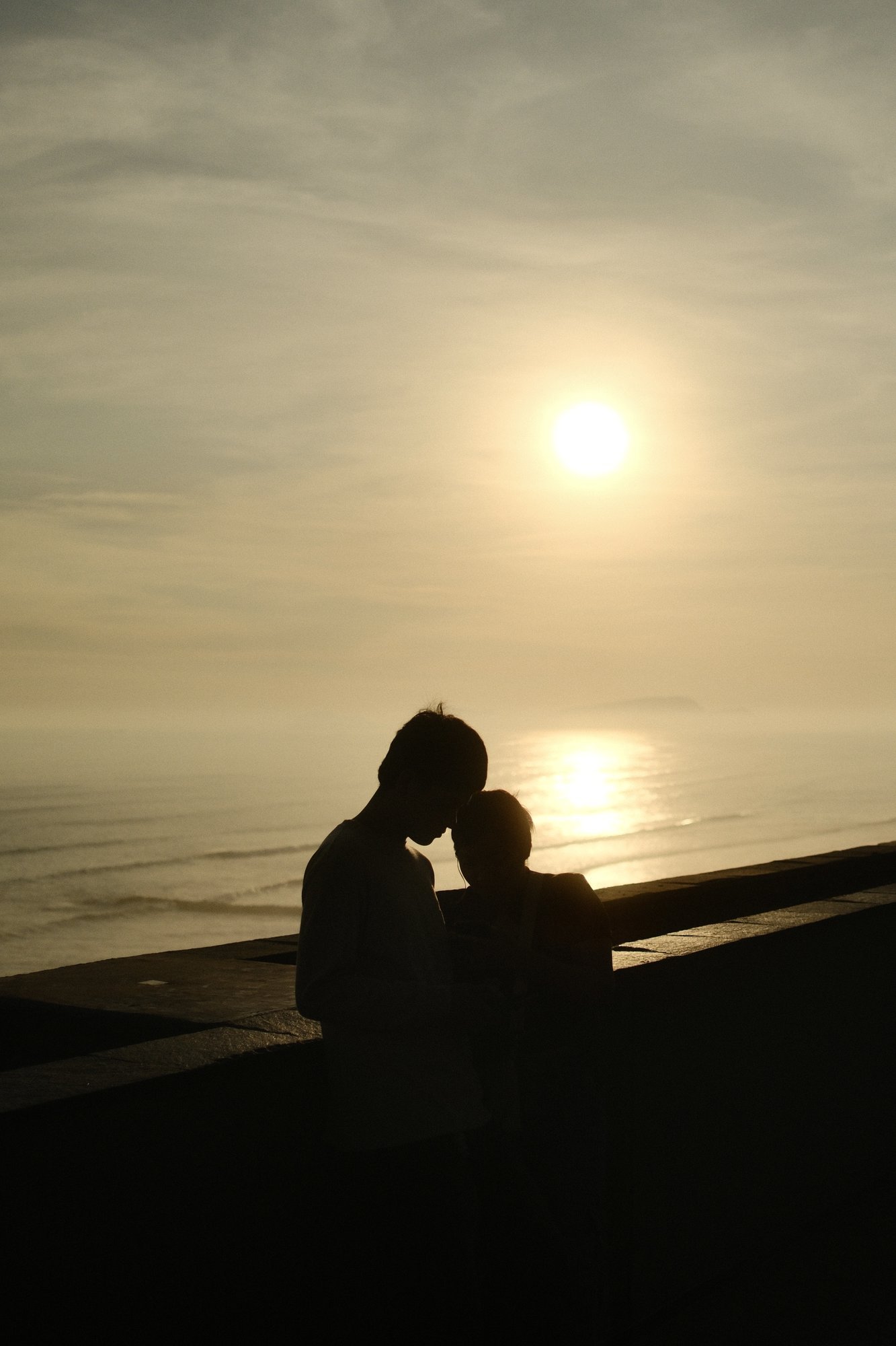 Pareja formada por un hombre y una mujer sentados juntos en una cerca en la playa durante el atardecer, con el sol brillante en el cielo y el mar de fondo.