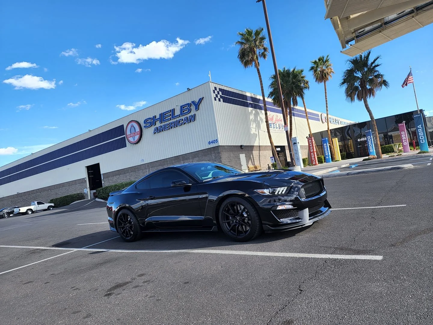 A black sports car parked in front of Shelby American dealership with palm trees and a blue sky in the background.