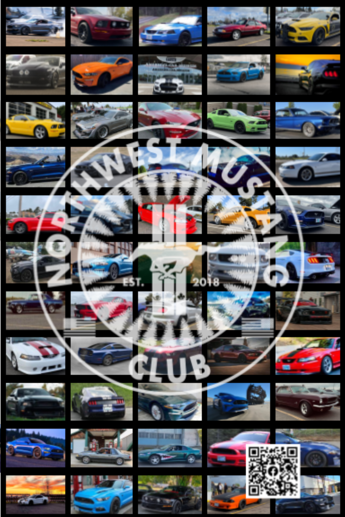 Collage of various sports cars and muscle cars, overlaid with the logo of the Northwest Mustangs Car Club and a QR code.