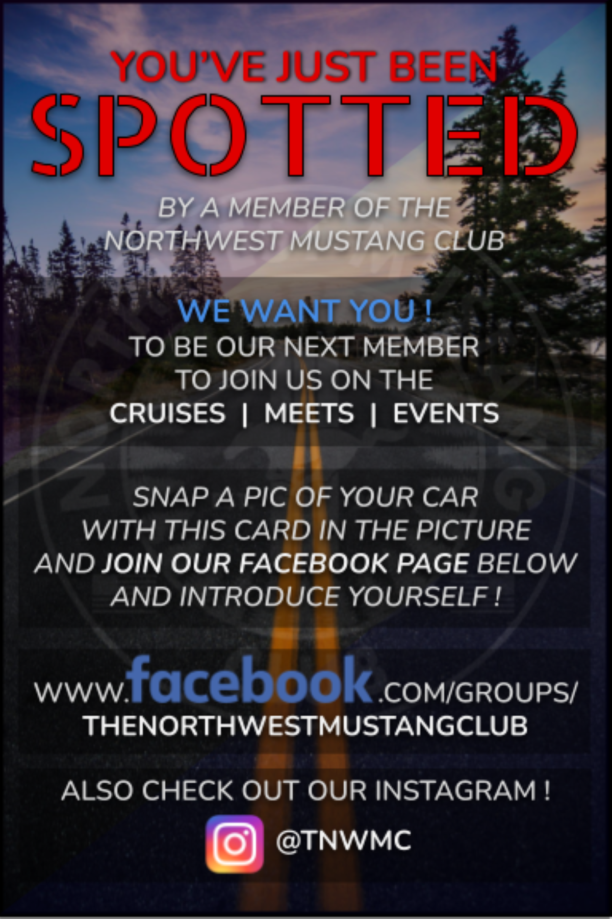 A promotional flyer for the Northwest Mustang Club inviting people to join through Facebook and Instagram, with a background of a road at sunset and text in red, blue, white, and black.