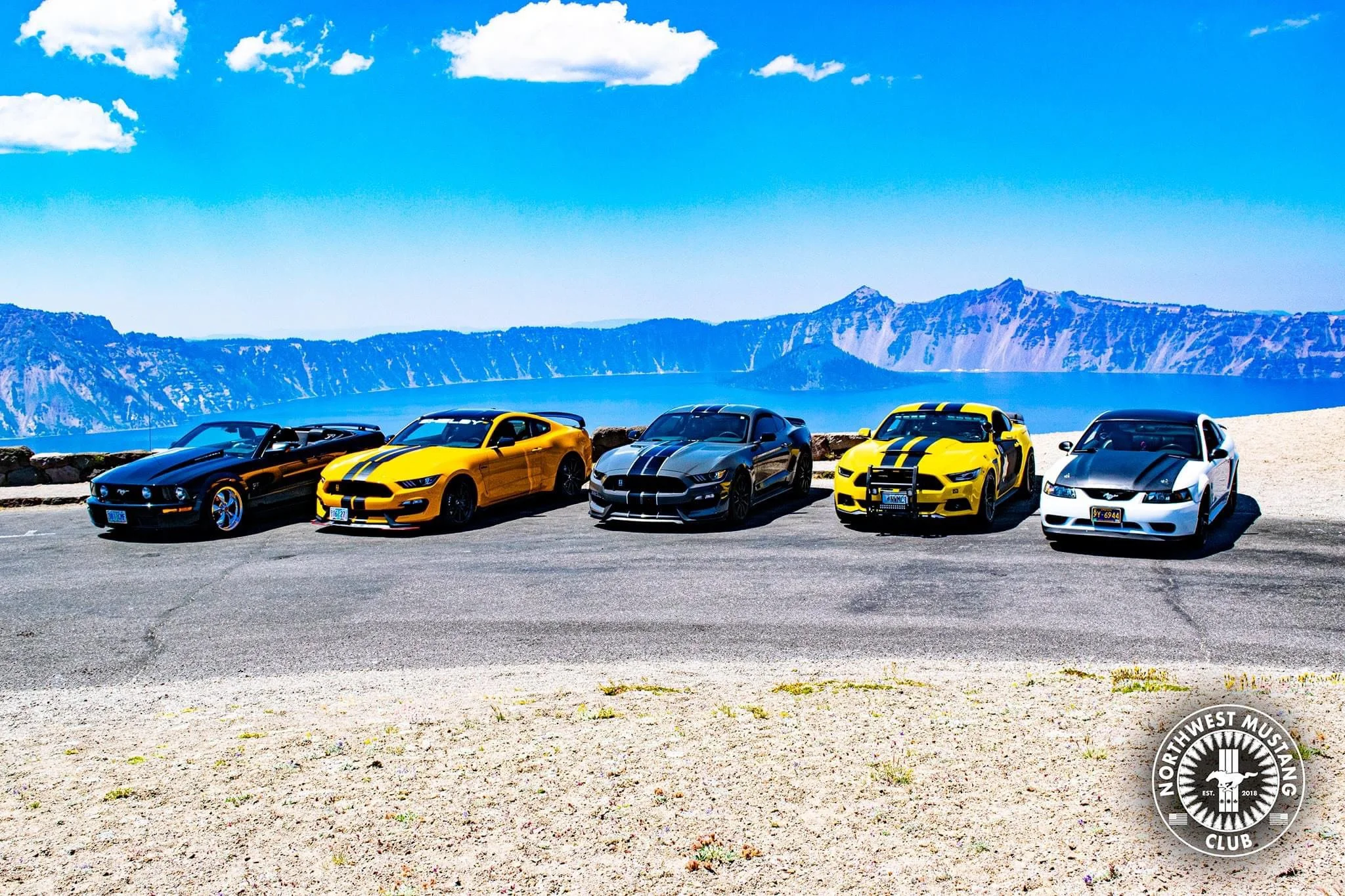 Five sports cars parked on a scenic overlook with a lake and mountains in the background.