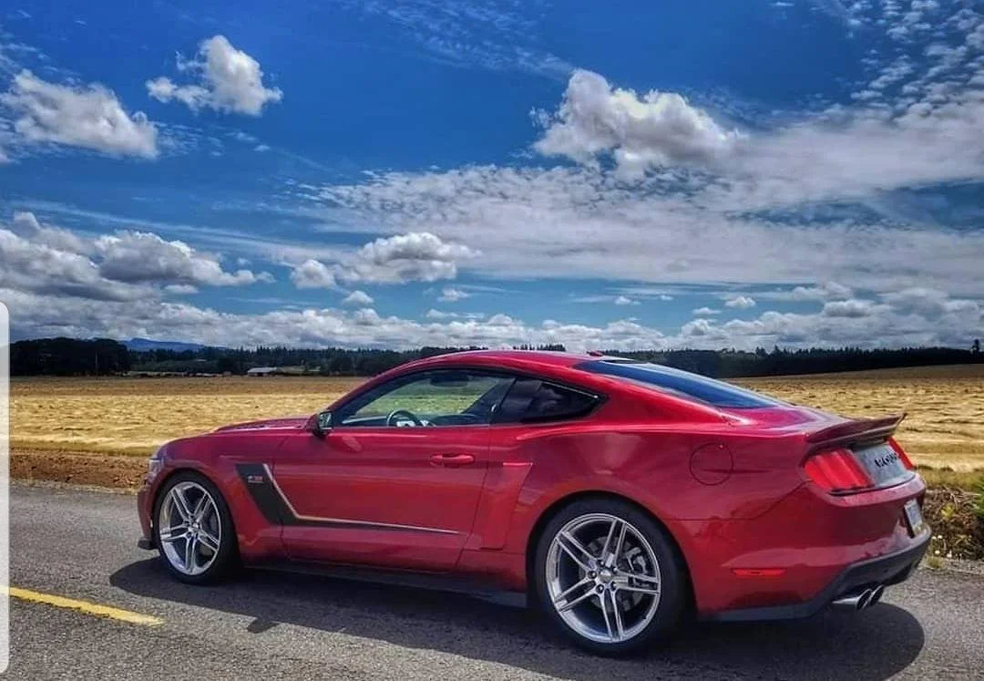 Red sports car parked on side of rural road with yellow fields and blue sky with clouds in background.