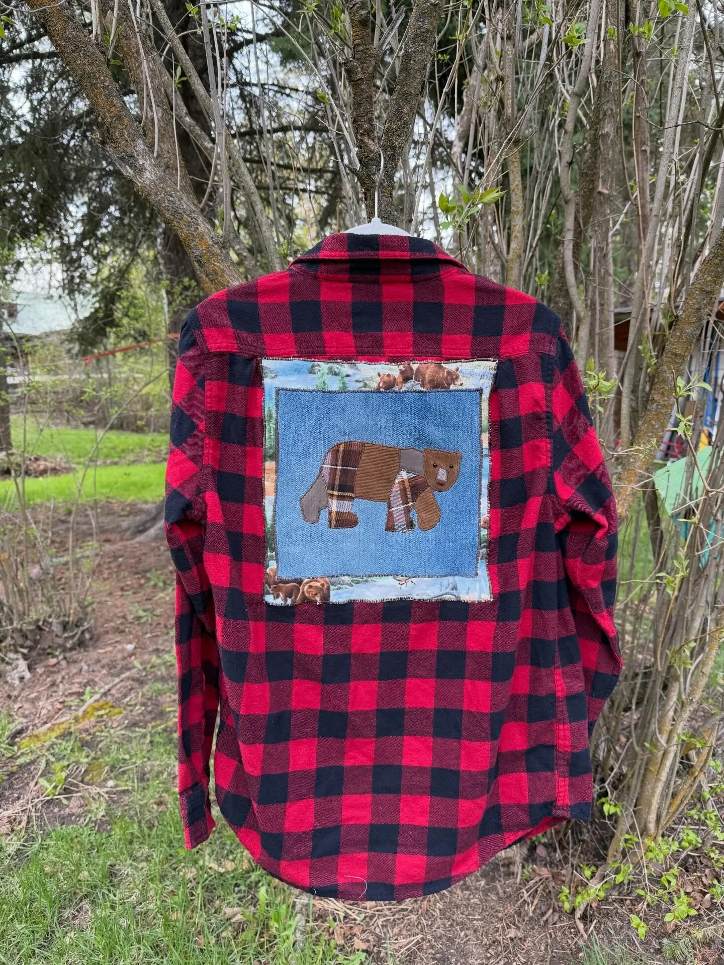 bear for tina! this was such a fun project to complete for a good friend, all upcycled and repurposed materials, down to the little bead eyes 🐻 #upcycle #foryou #patchworkclothing #patchwork #thriftflip