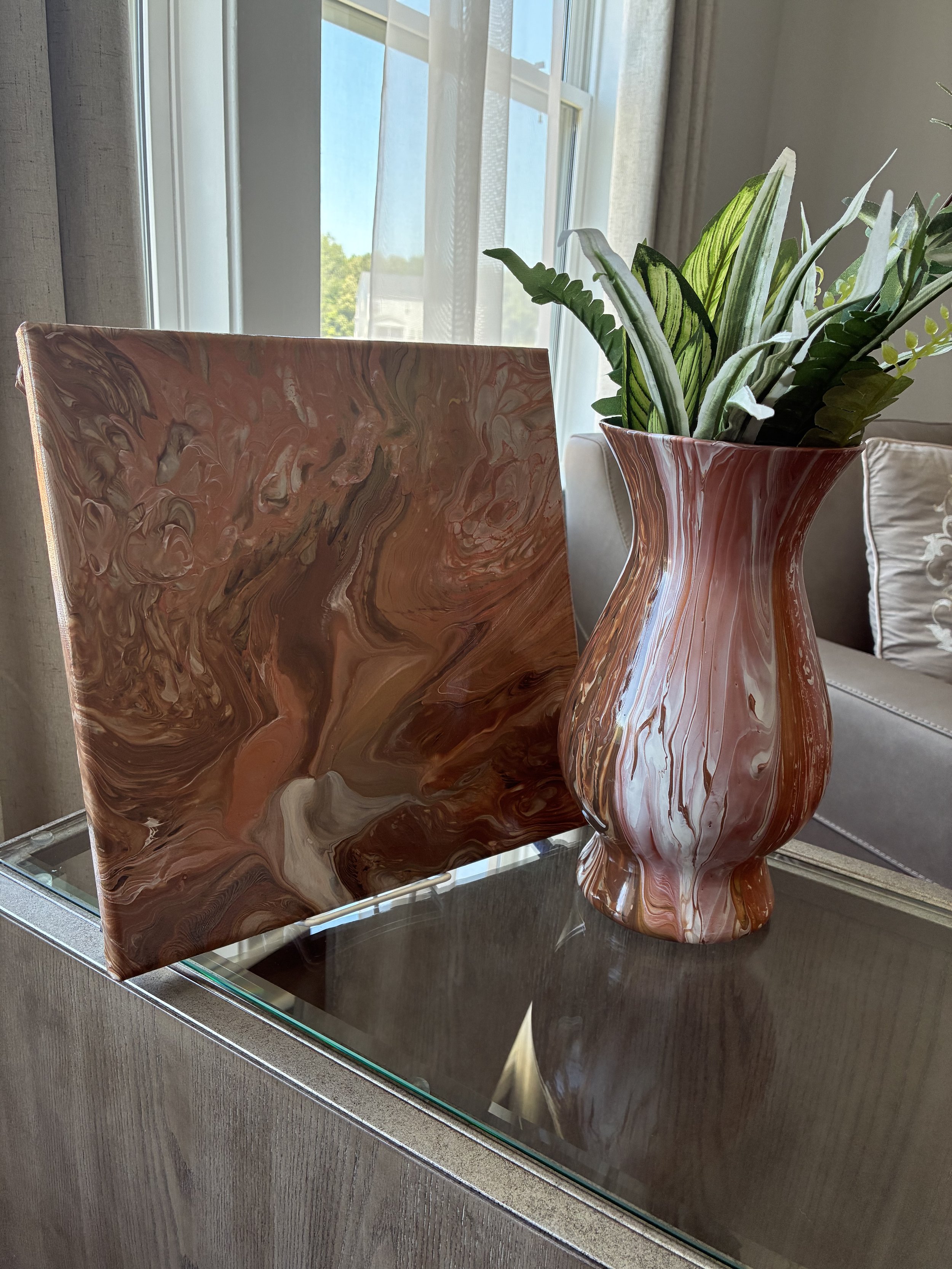 Ember Veil canvas paired with Molten Veil vase from the Velvet Ember Collection