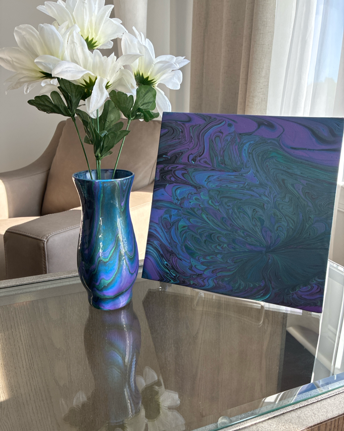 Blue and violet abstract acrylic pour canvas with fluid swirling movement and layered midnight tones from the Midnight Aura collection by DesignsbyLaDia