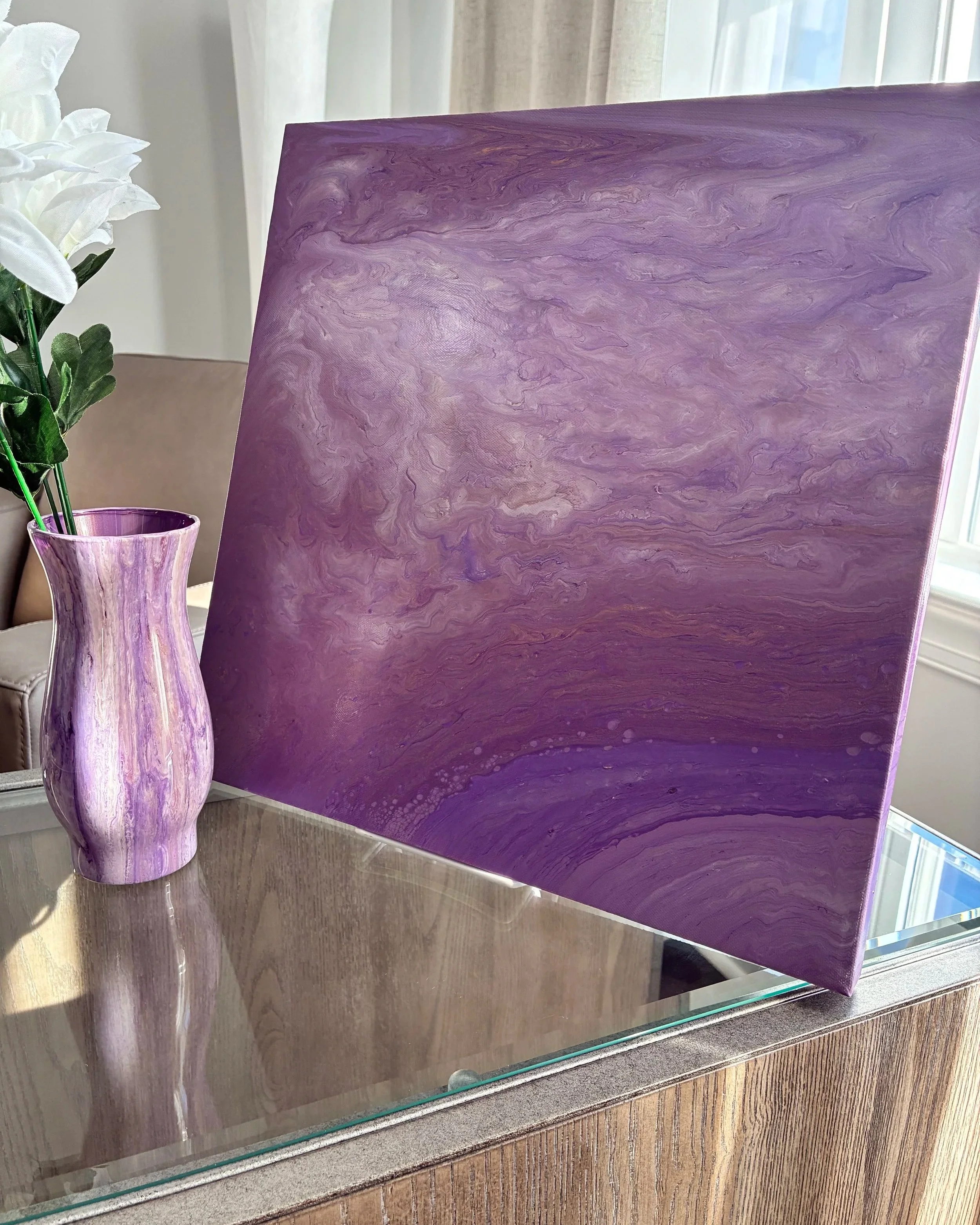Soft lavender and deep violet abstract artwork with flowing shimmer and modern luxury styling.