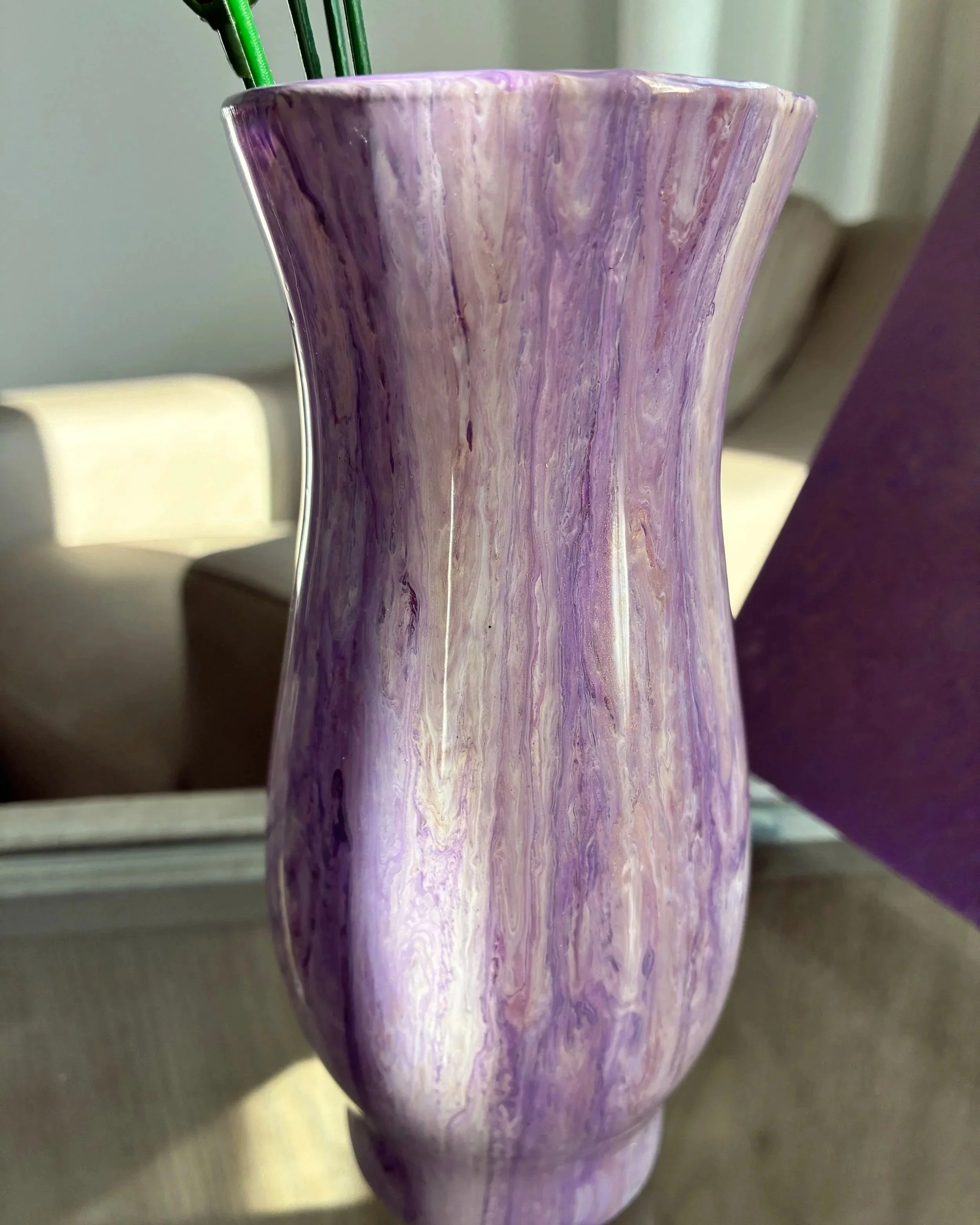 Handcrafted lavender marbled vase with luminous pearl tones and soft flowing movement.
