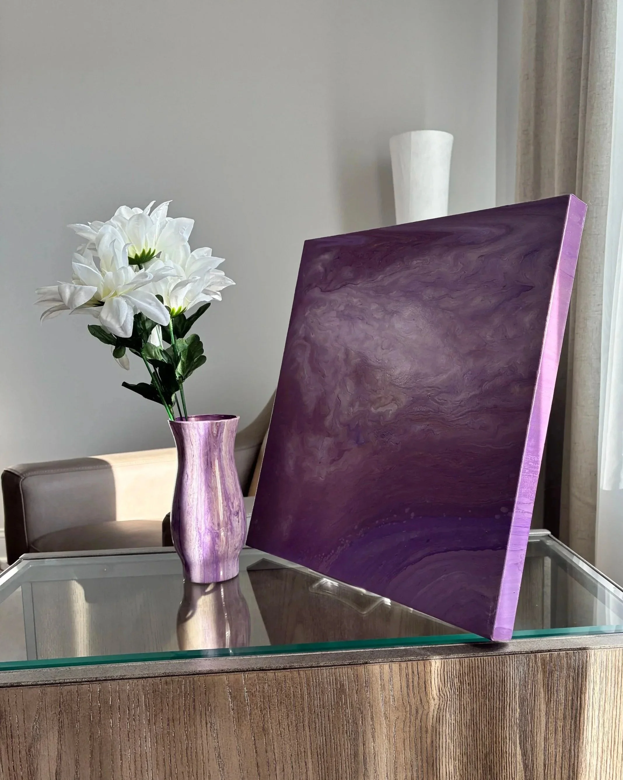 Moody plum tones, soft lavender highlights, and luminous pearl textures come together in this abstract composition inspired by quiet emotion and midnight skies. Subtle movement throughout the piece creates depth, softness, and a bold modern presence.