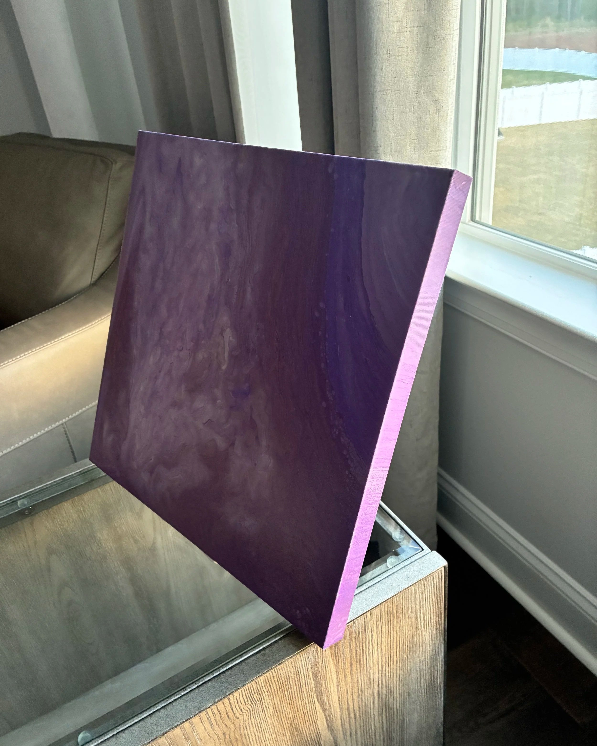 Midnight violet abstract canvas featuring soft marbling, custom-painted edges, and a modern gallery-inspired finish.