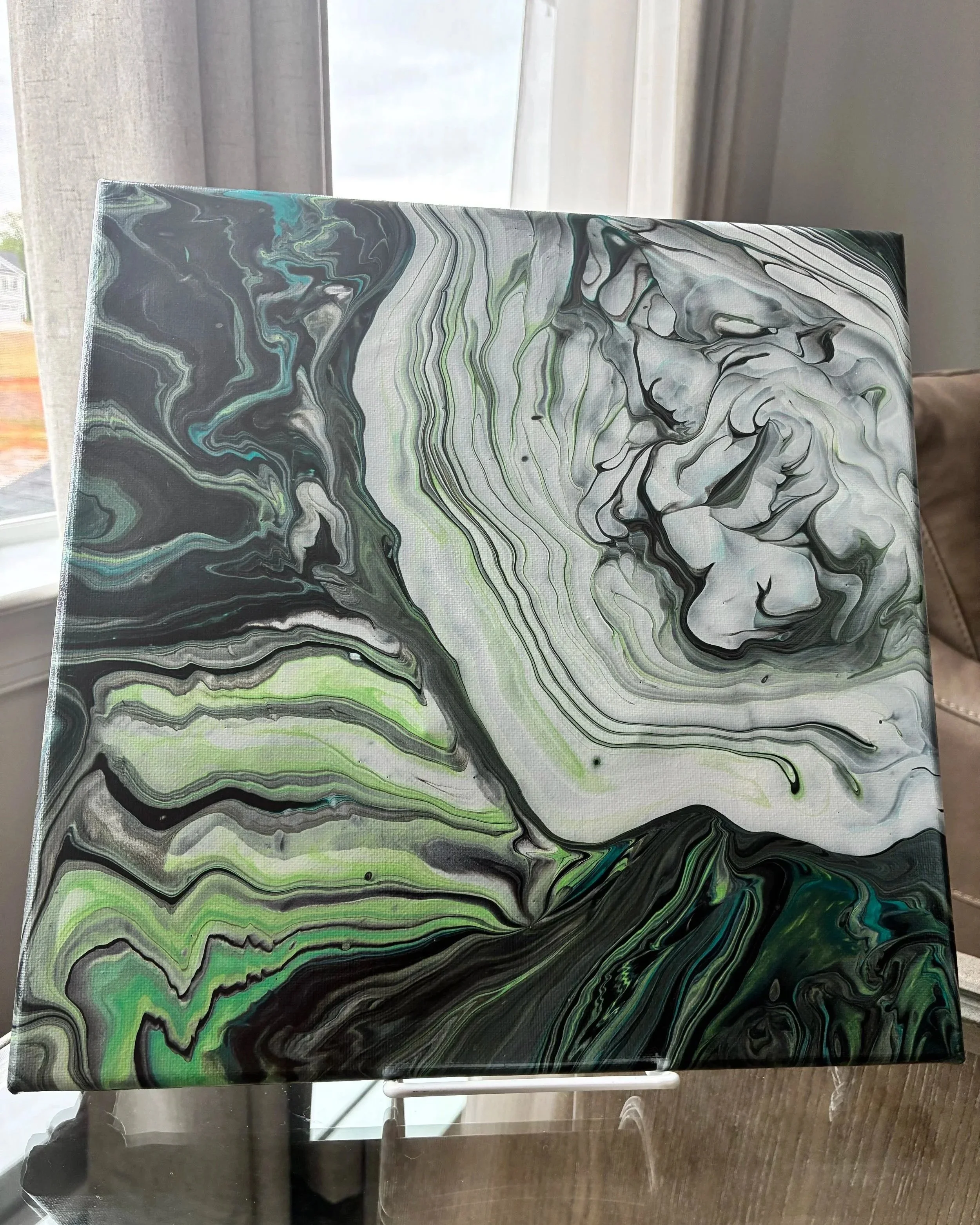 Original acrylic pour canvas inspired by flowing mineral veins and emerald stone textures.