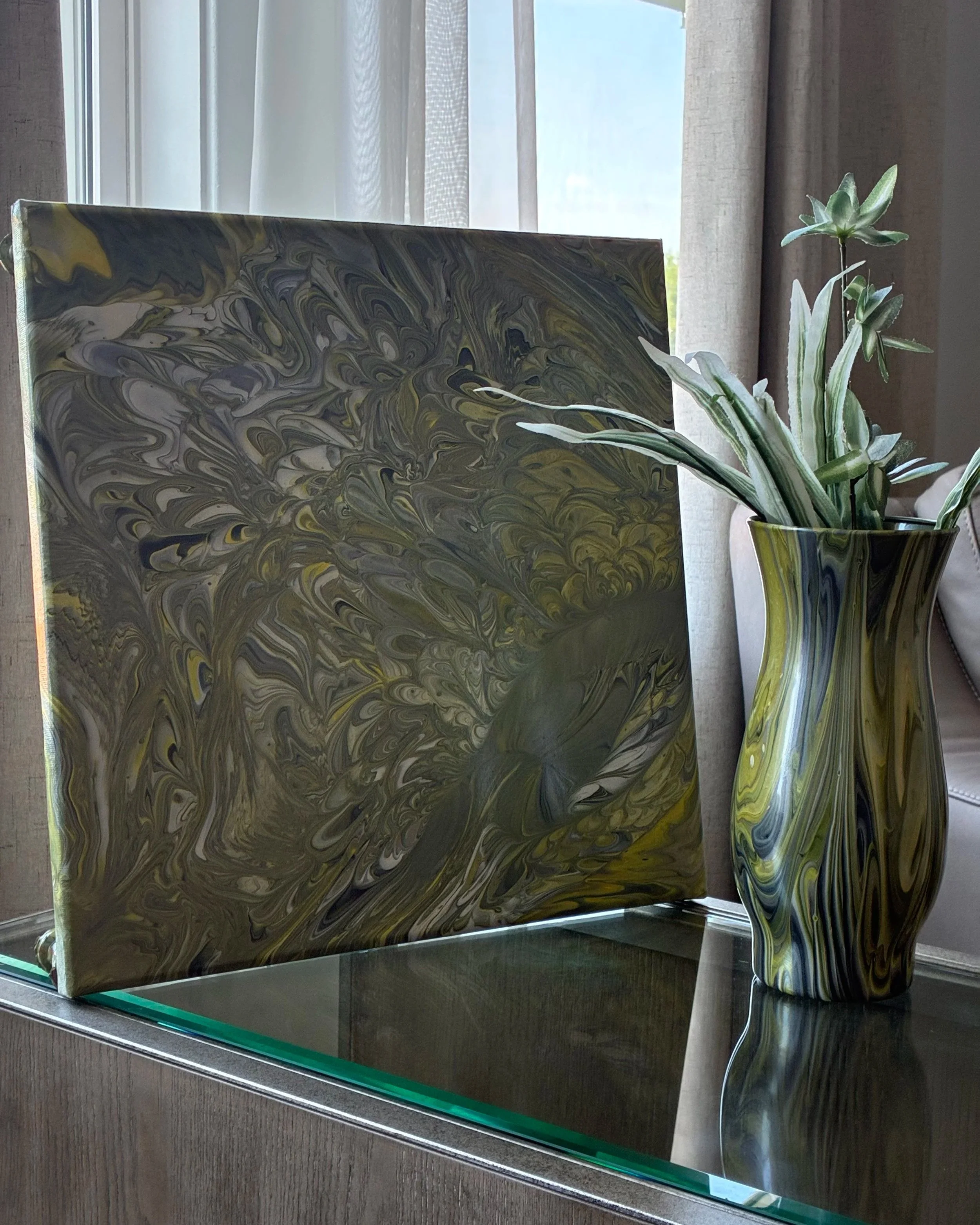 Electric Moss and Verdant Flame unite within the Verdant Veil Collection, where rich green tones and flowing abstract forms celebrate the beauty of nature, movement, and modern design.