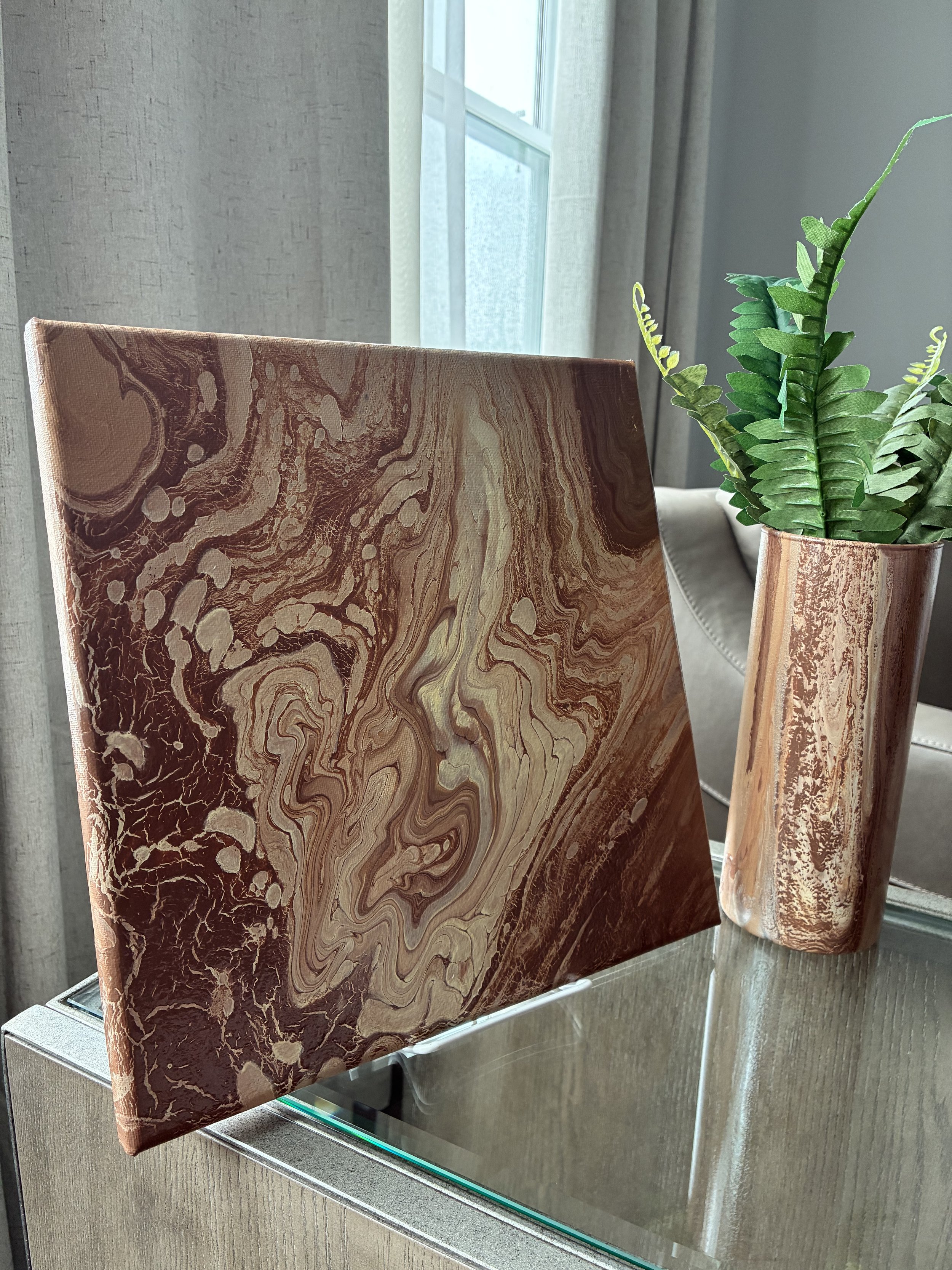 Flowing bronze marbling and burnished metallic warmth from the Velvet Ember collection.