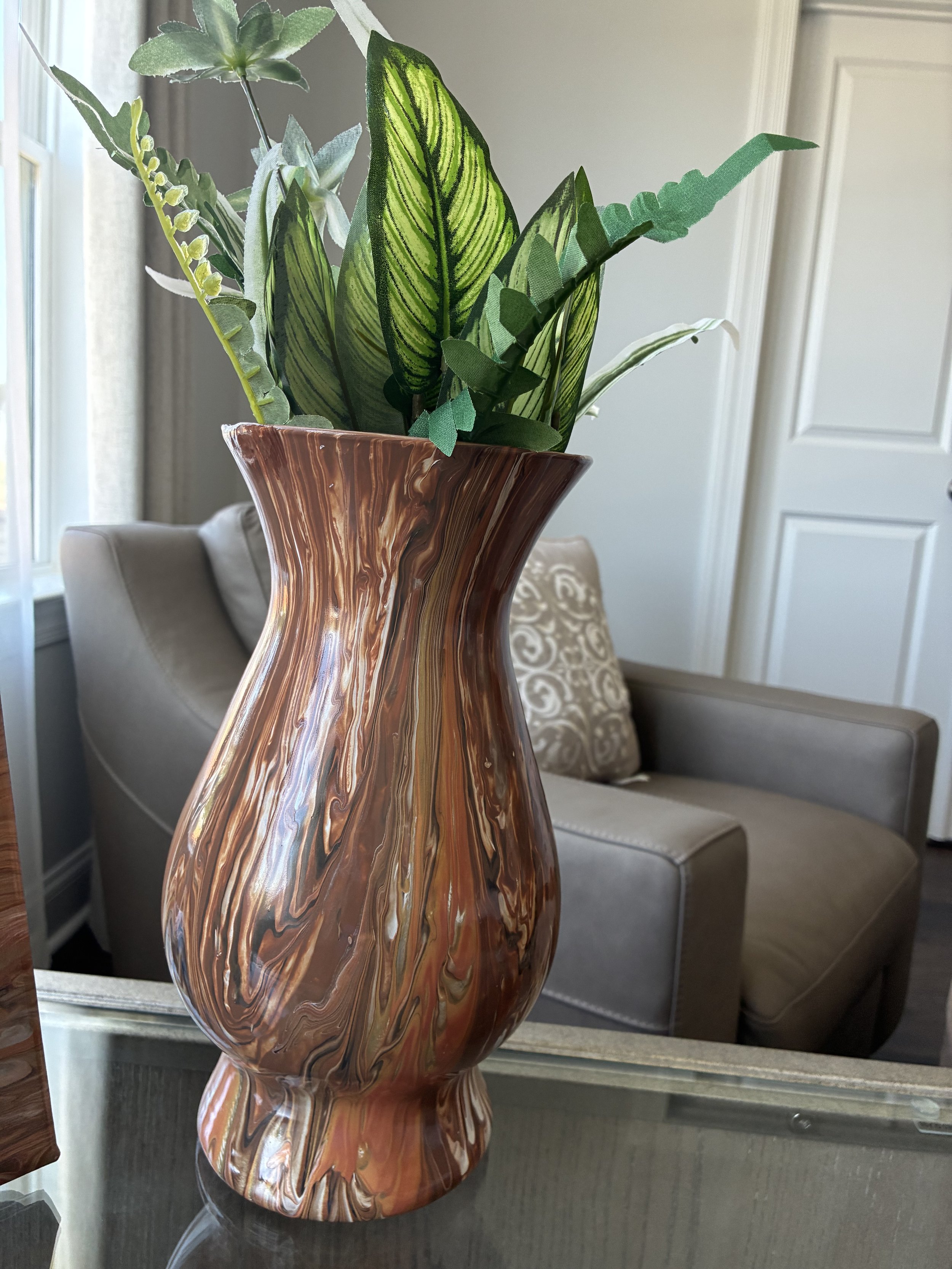 Molten Veil — A handcrafted vase featuring flowing copper, bronze, pearl, and smoky earth tones. Part of the Velvet Ember Collection.