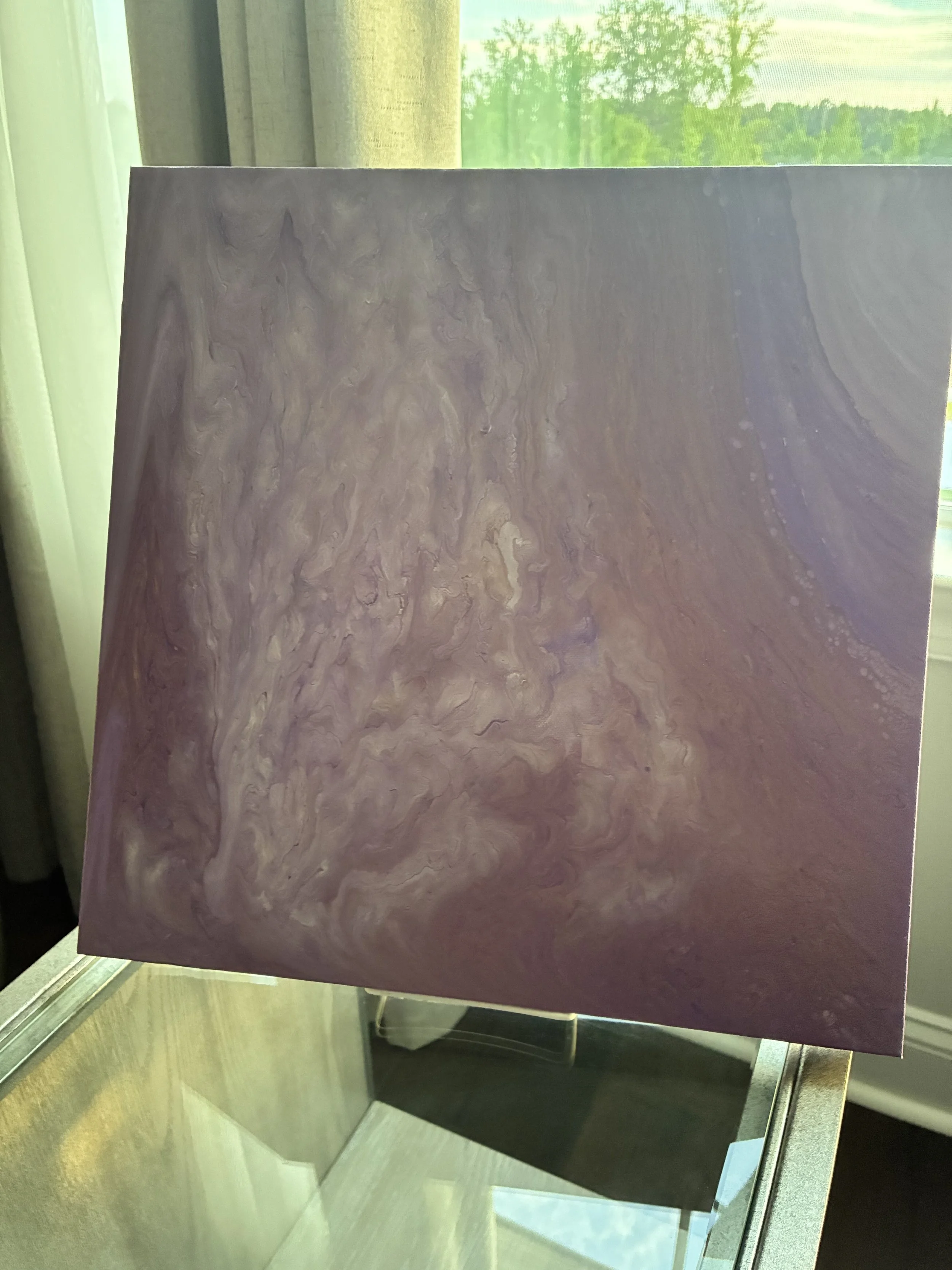 Soft lavender, pearl, and violet abstract acrylic pour canvas with fluid marbled movement and luminous details from the Amethyst Veil collection by DesignsbyLaDia.
