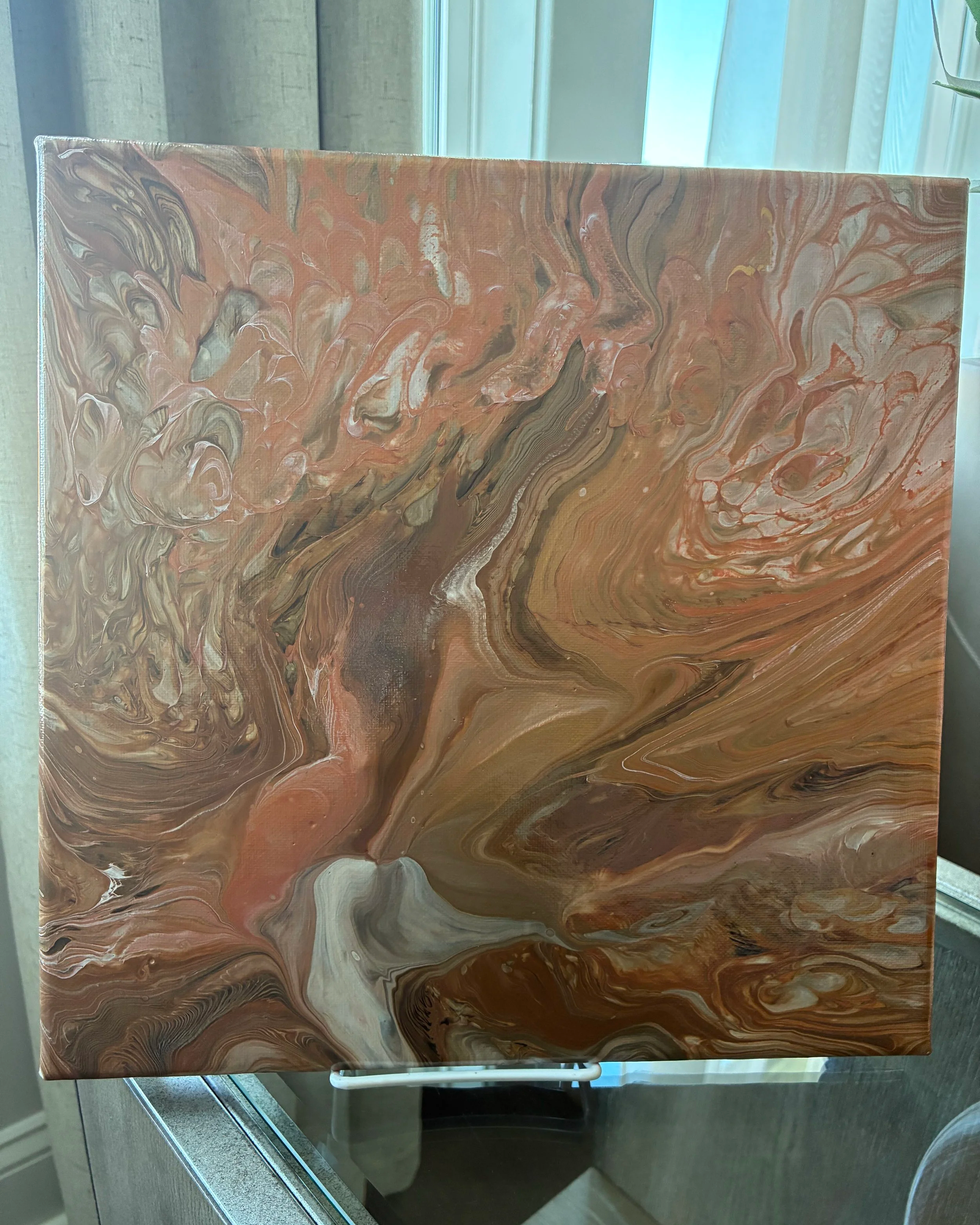 Ember Veil — An original abstract acrylic pour featuring flowing copper, bronze, pearl, and smoky earth tones from the Velvet Ember Collection.