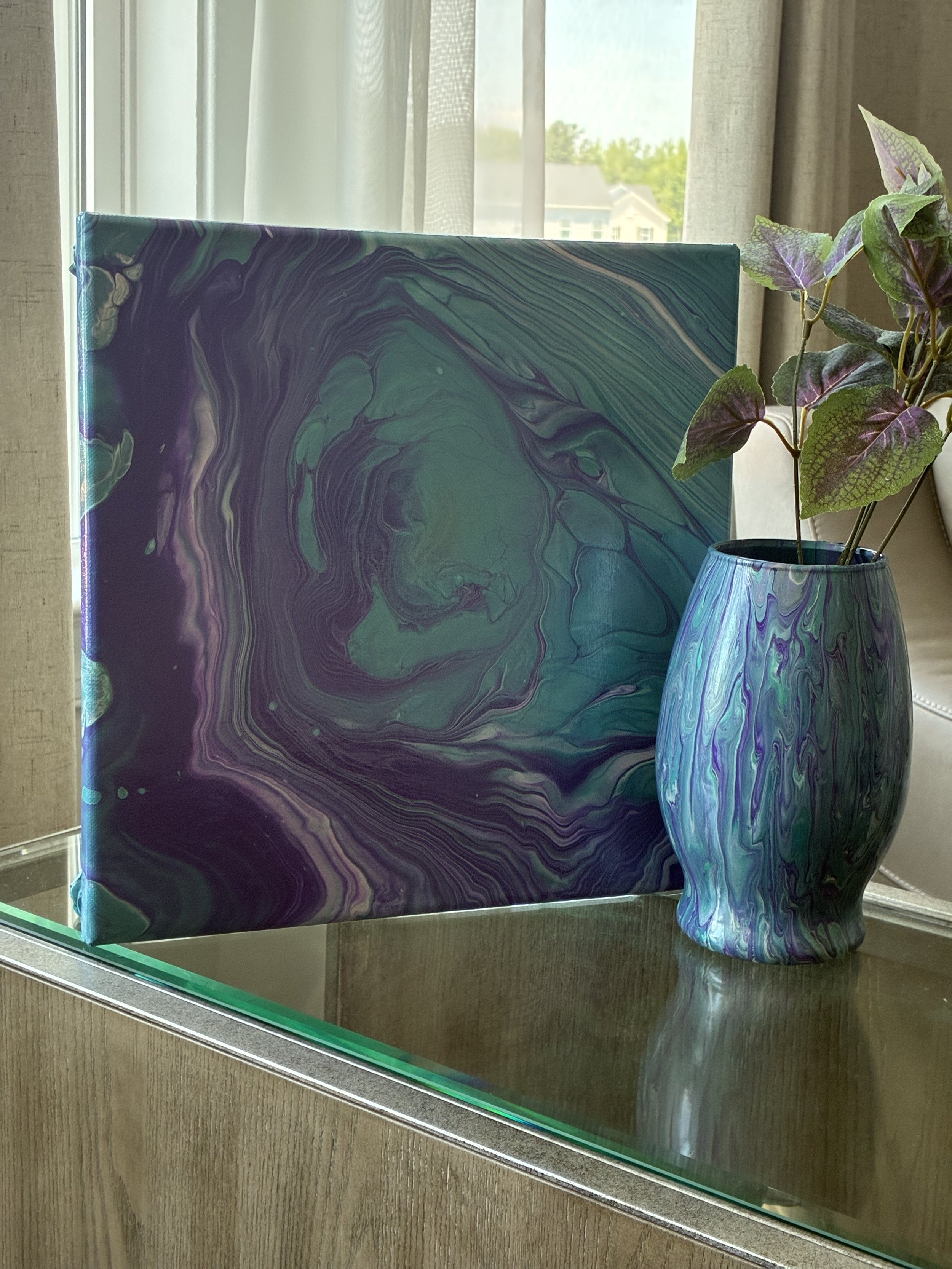 Sea Glass Veil and Amethyst Tide displayed together as a coordinated abstract art set, bringing calming coastal colors and modern elegance to any space.