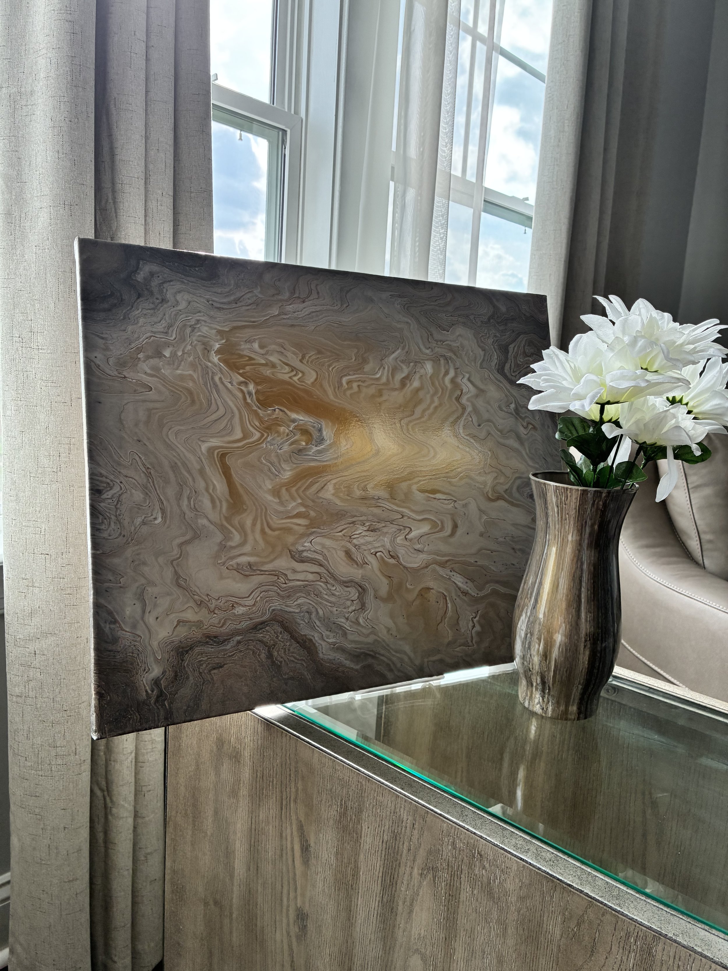 Echoed Stone canvas styled beside the Stone Bloom vase from the Stone Whisper Collection, featuring layered marbling and warm mineral-inspired movement.