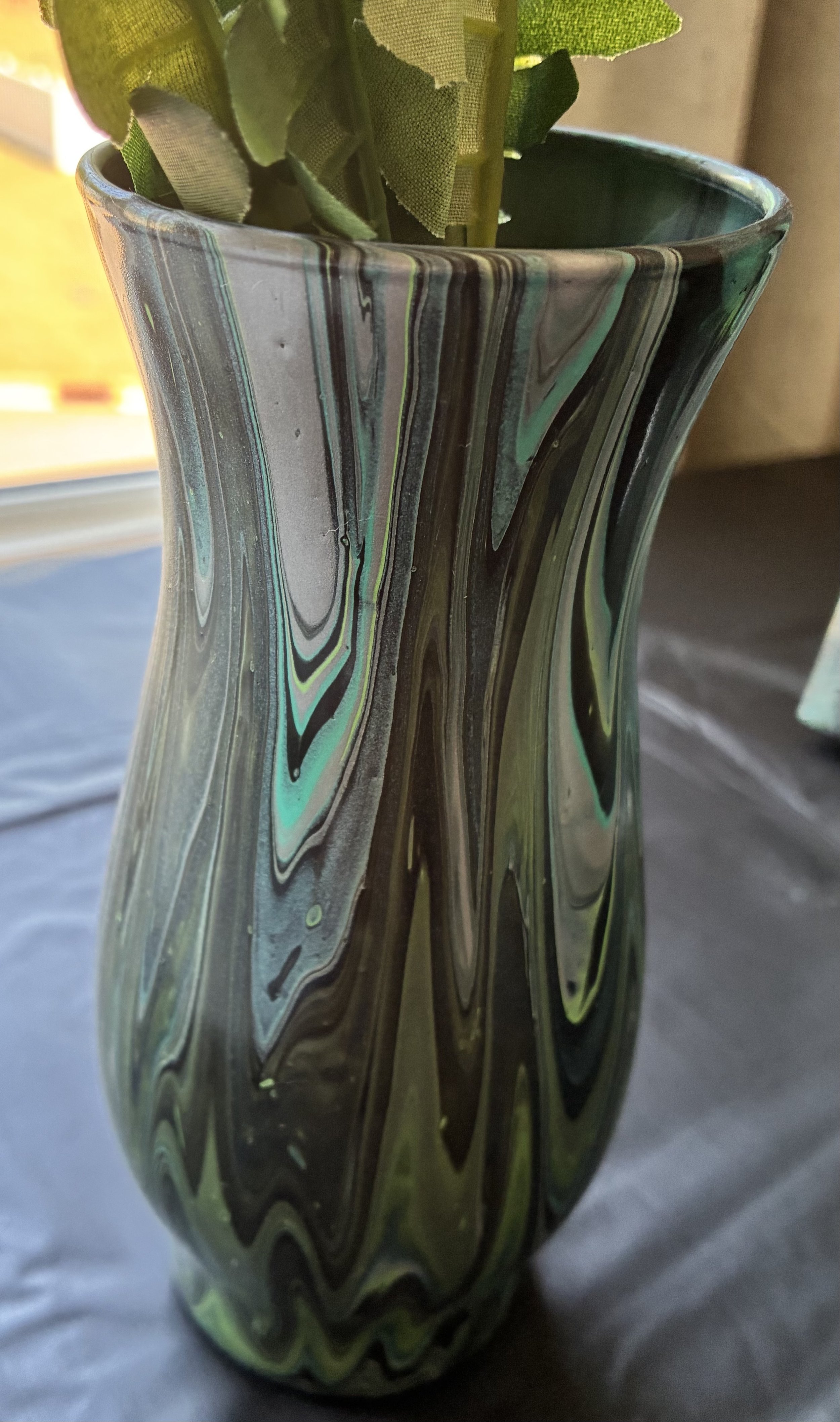 Luxury acrylic pour vase with black, emerald green, and smoky teal marbling from the Obsidian Vein Collection by DesignsbyLadia.