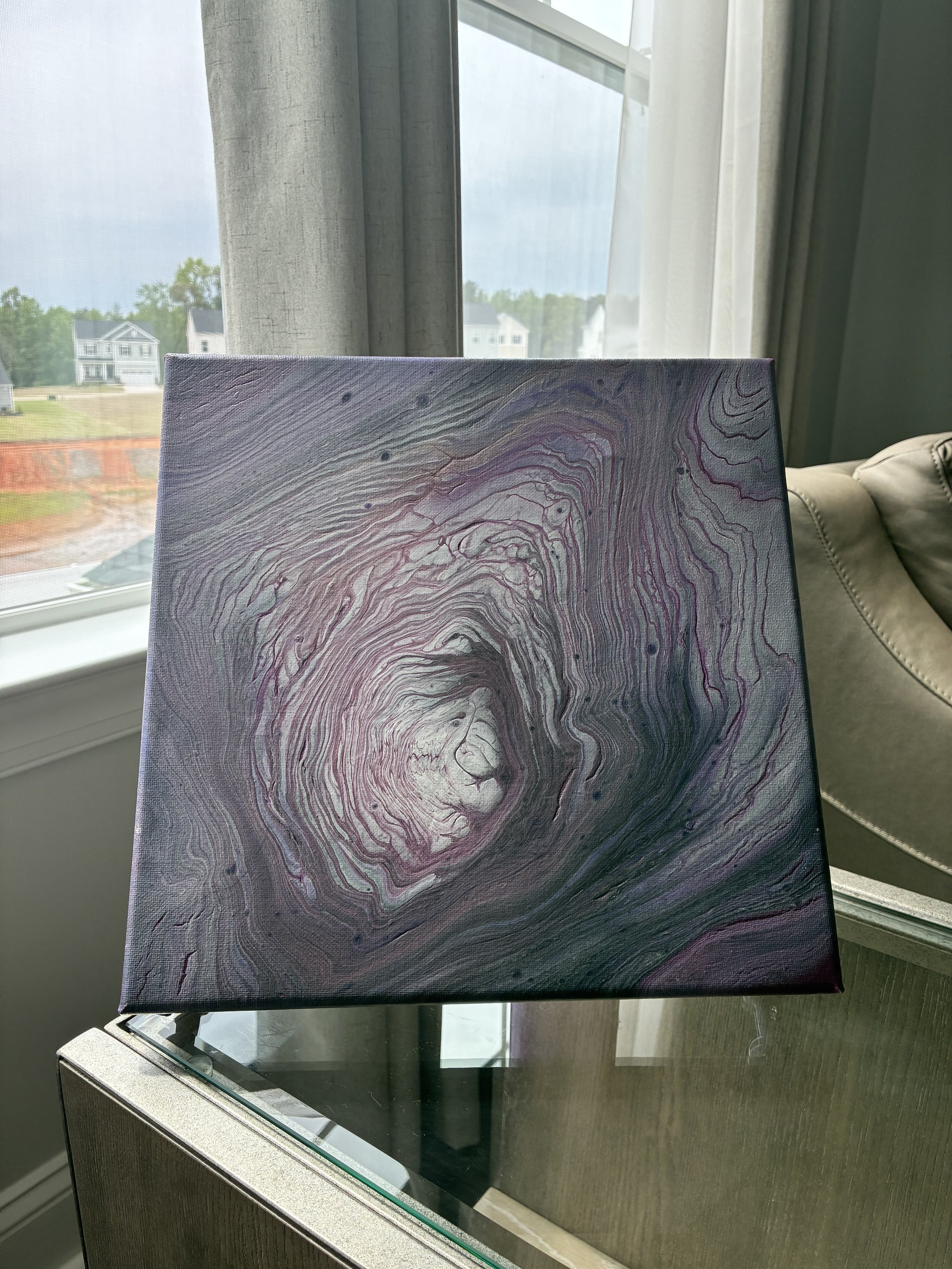 Dark violet and black abstract acrylic pour canvas with layered fluid movement and soft metallic details from the Amethyst Veil collection by DesignsbyLaDia