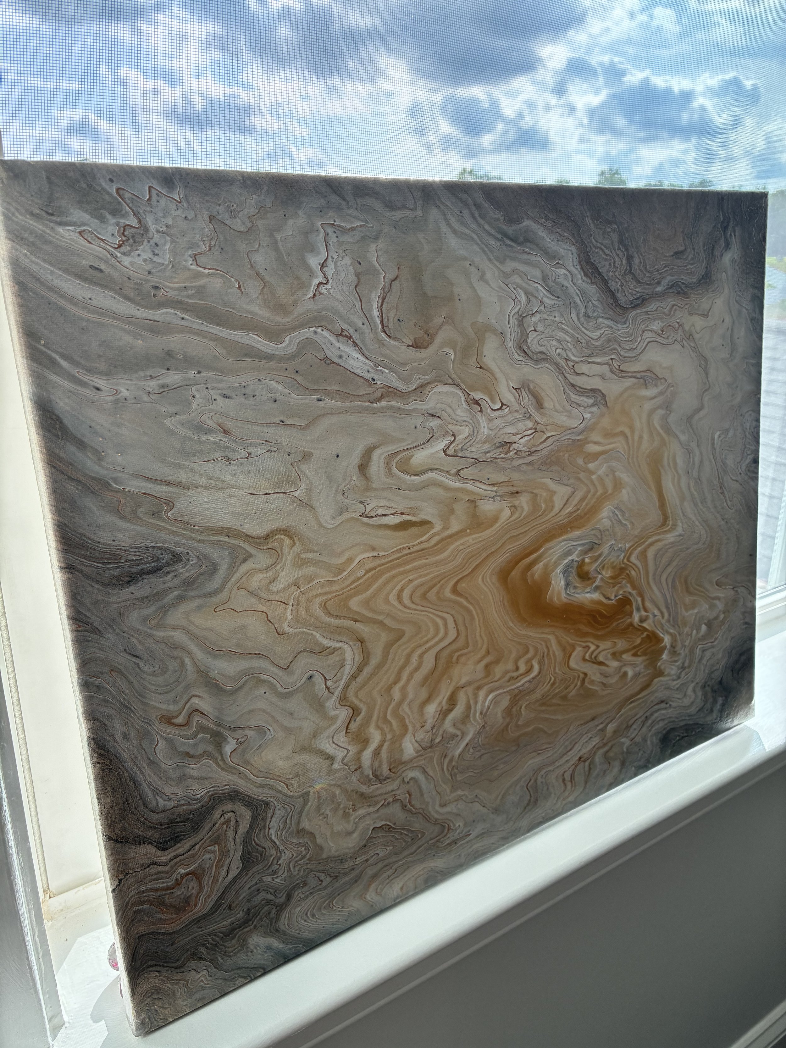 Echoed Stone canvas featuring flowing mineral-inspired marbling with warm bronze movement, layered neutrals, and natural stone textures.
