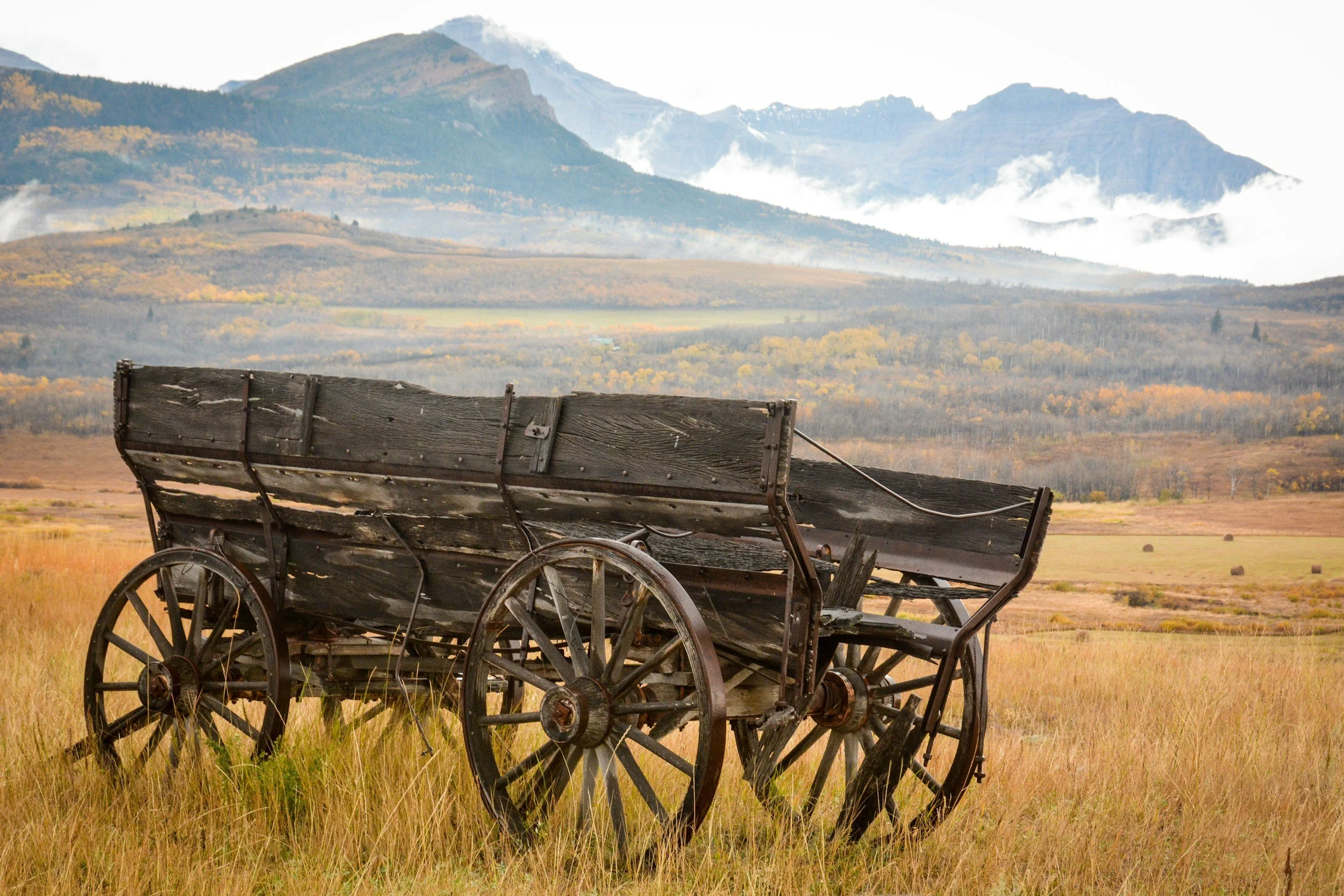 An old wooden wagon with large spoked wheels sitting in a grassy field with mountains and clouds in the background.