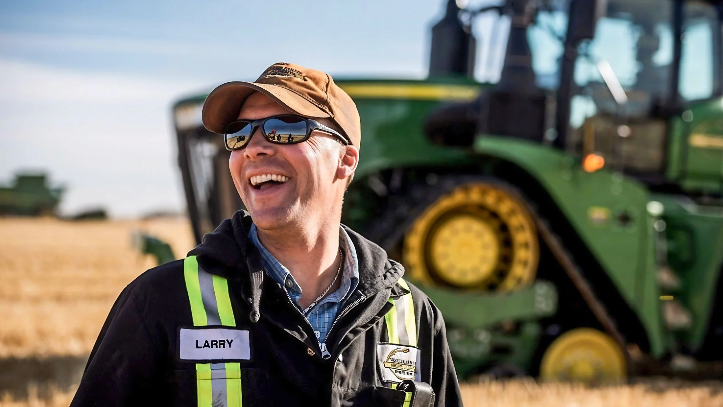 A man smiling, wearing sunglasses, a brown cap, and a reflective safety vest with a name tag that says 'Larry.' In the background, there is a green tractor in a field.