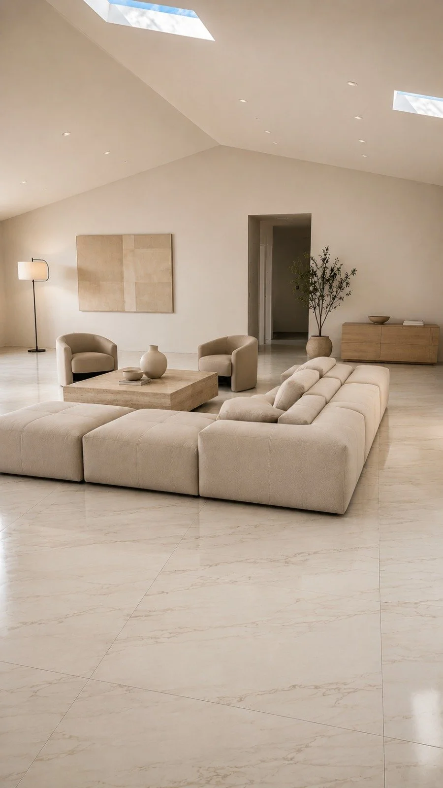Minimalist living room with beige sectional sofa, two beige armchairs, a square coffee table with vases, a tall floor lamp, artwork on the wall, and a large potted plant in a wooden cabinet.